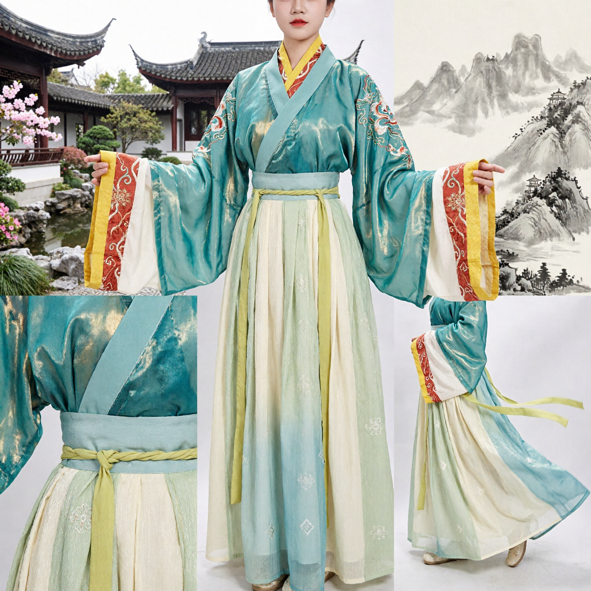 Women's Ancient Chinese Hanfu Dress Tang Dynasty Style Teal and Green Traditional Costume for Stage Performance