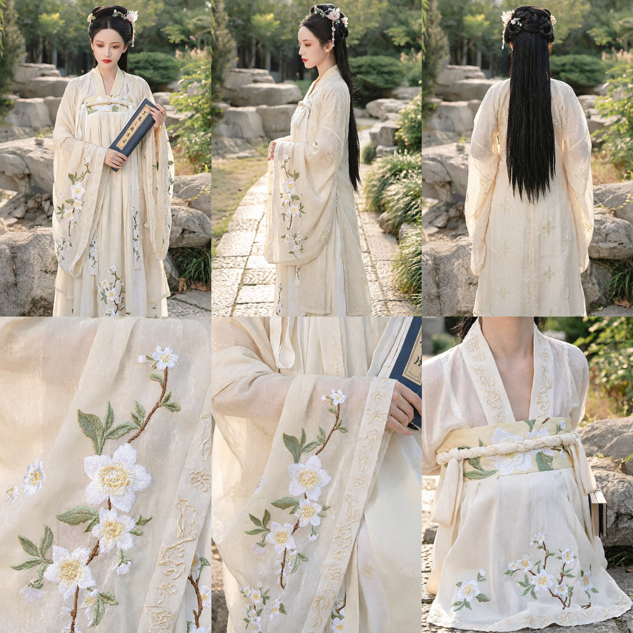 Elegant Women's Traditional Chinese Hanfu Ancient Costume Cream Floral Embroidery Dress Tang Dynasty Style for Photography