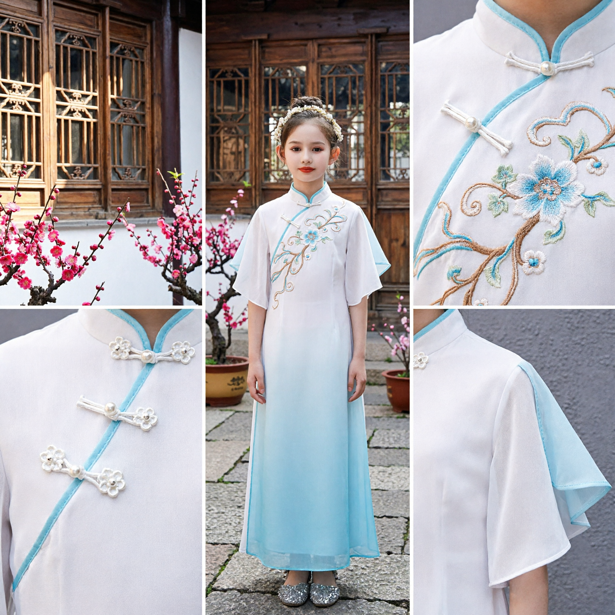 Elegant Traditional Chinese Hanfu Dress for Girls Gradient Blue White Qipao Costume for Performance