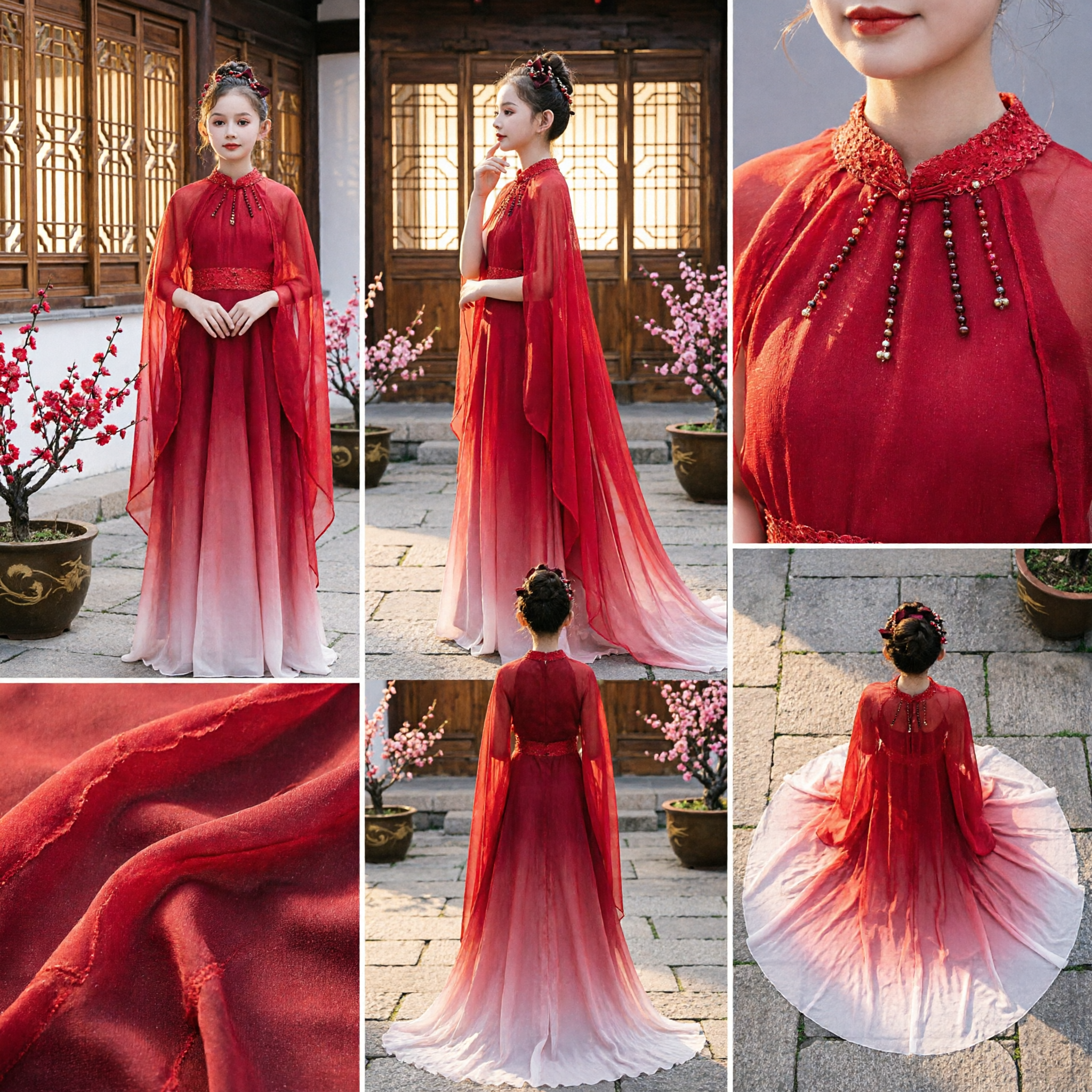Kids Girls Red Ombre Chiffon Dress Traditional Chinese Stage Performance Host Gown Long Costume