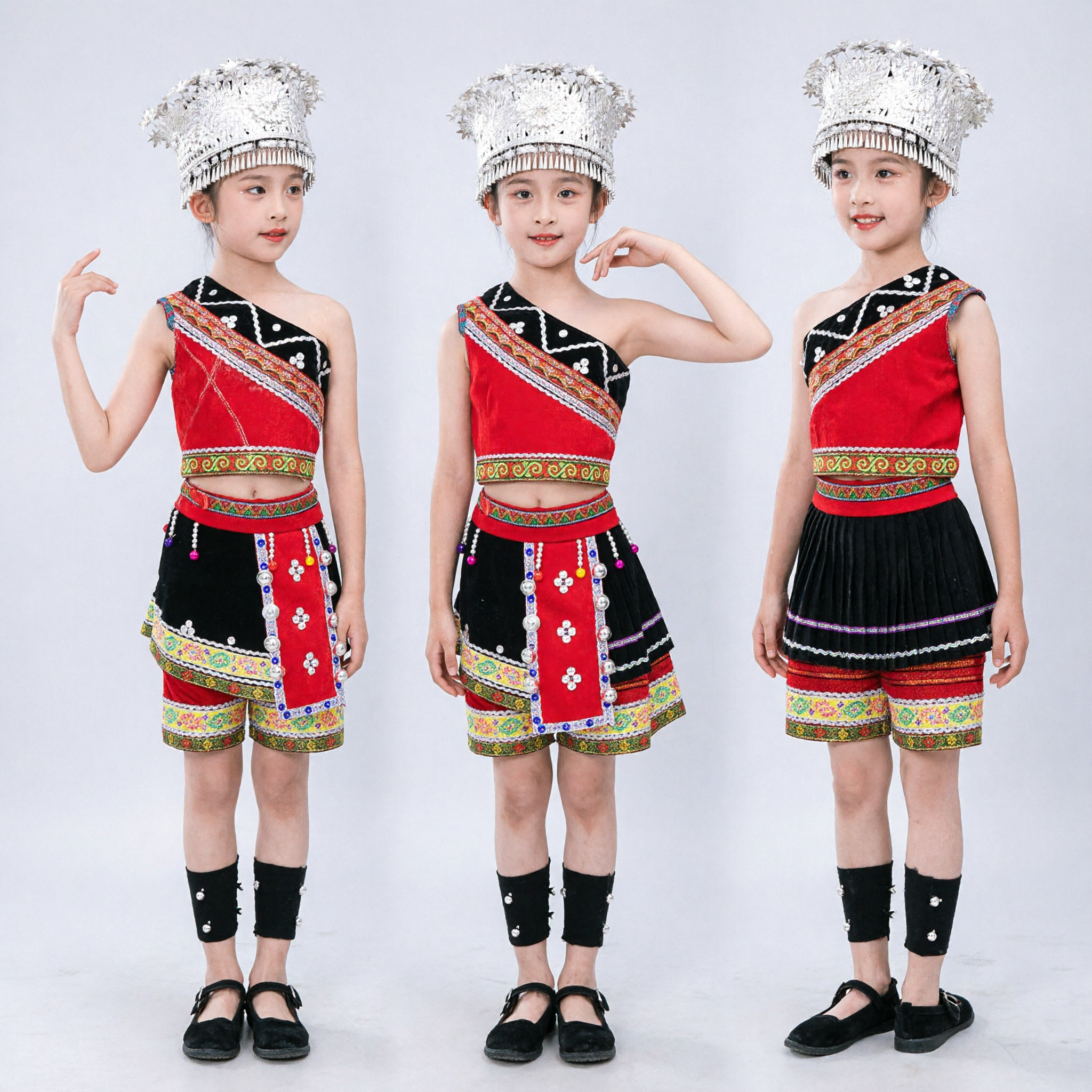 Kids Chinese Miao Ethnic Folk Dance Costume Girls Traditional Minority Stage Performance Dress Outfit with Silver Hat