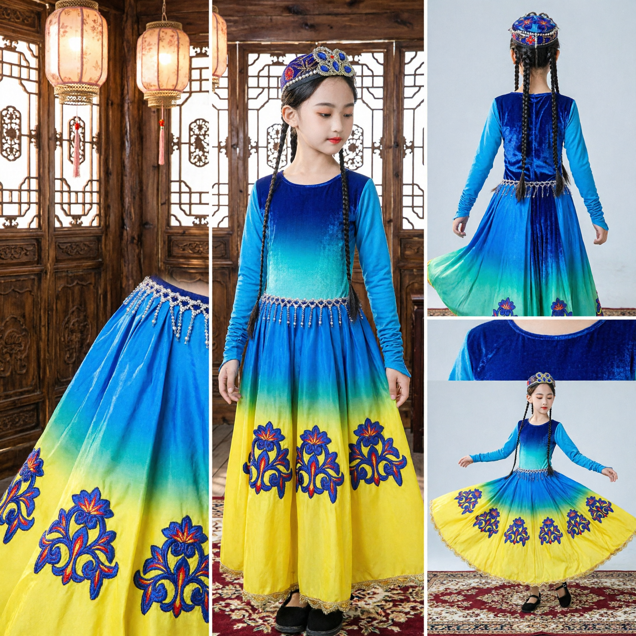 Traditional Uyghur Dance Costume for Girls Blue and Yellow Gradient Xinjiang Ethnic Stage Performance Dress