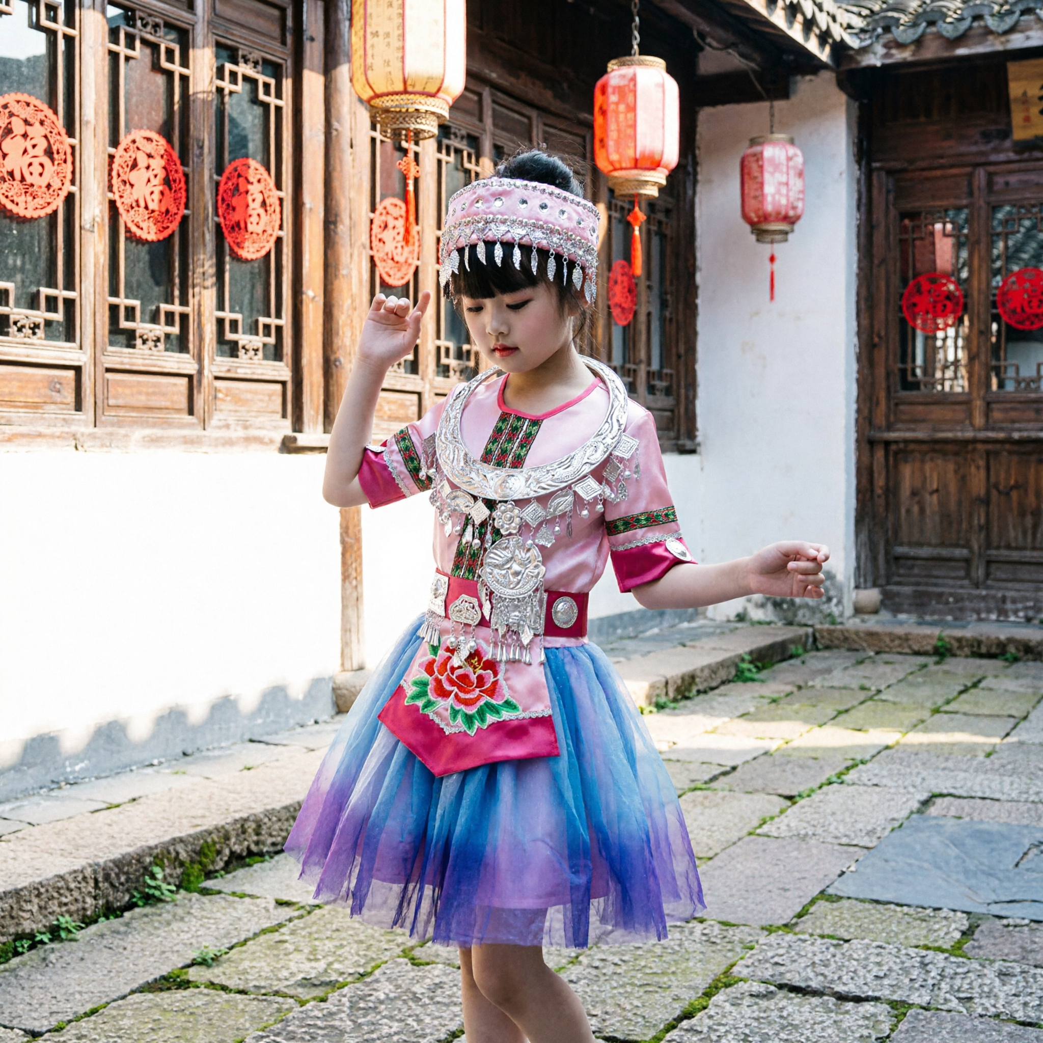 Traditional Chinese Miao Minority Dance Costume for Kids Girls Pink Ethnic Performance Dress with Silver Headdress
