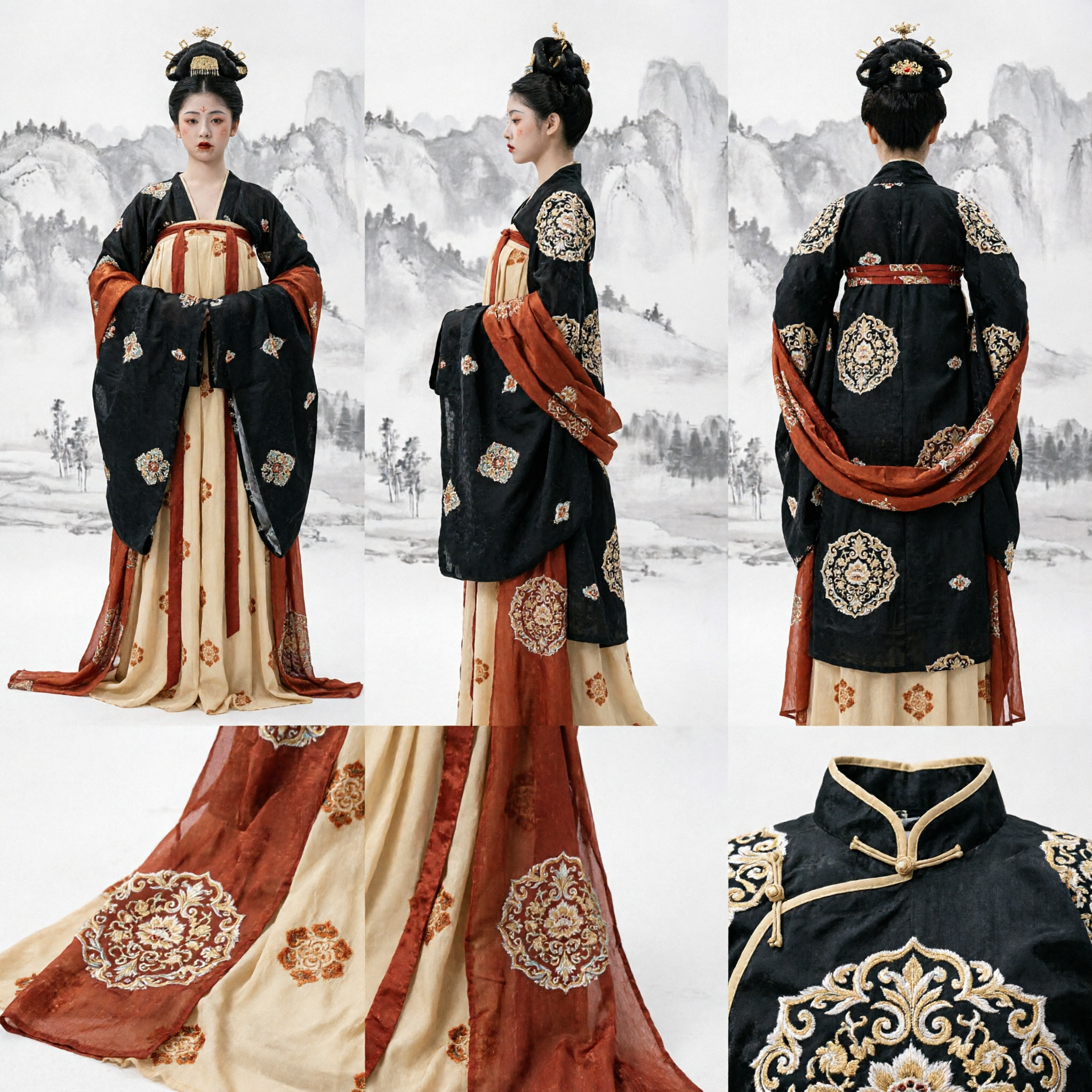 Traditional Chinese Tang Dynasty Hanfu Costume for Women Ancient Palace Lady Black and Beige Dress Set