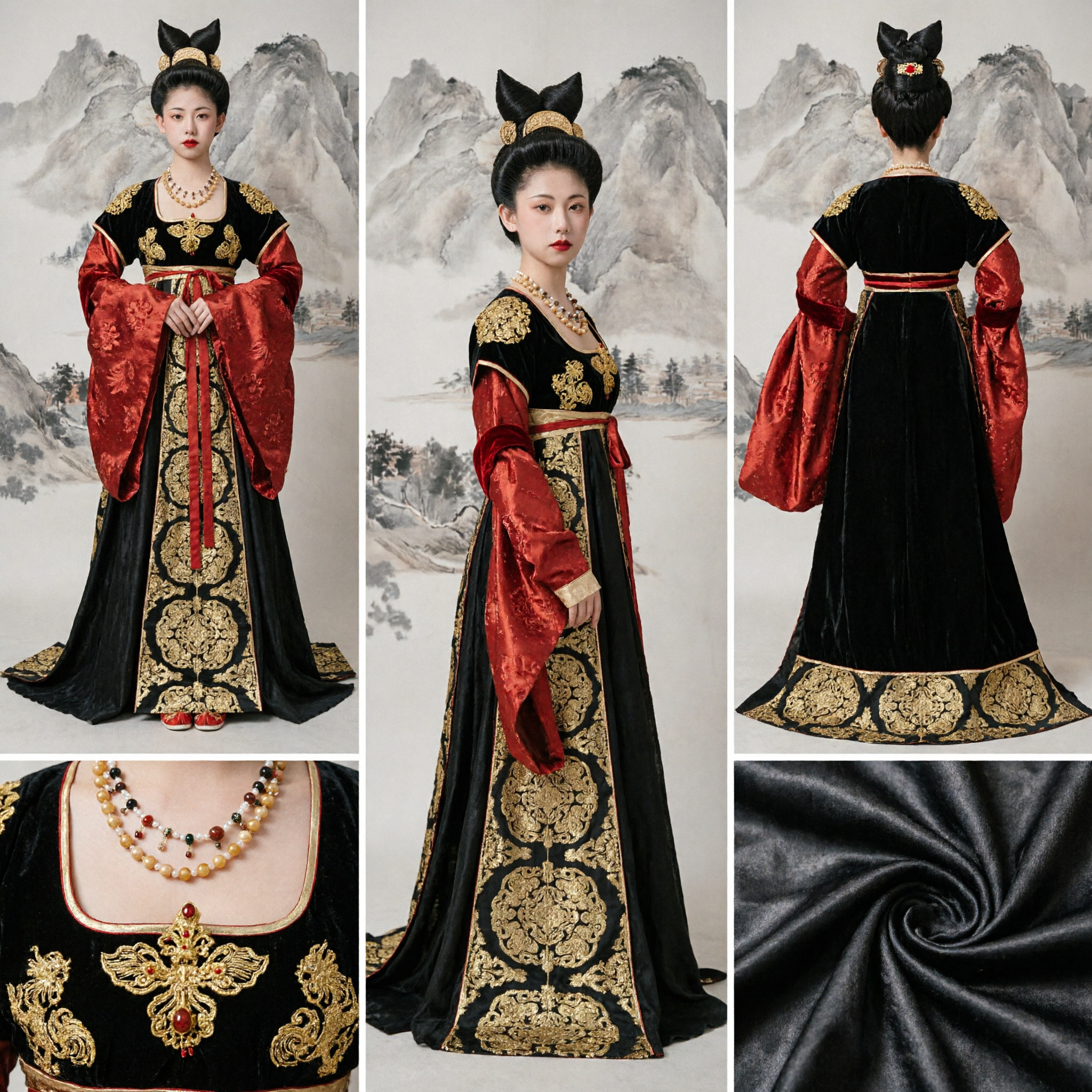 Traditional Chinese Tang Dynasty Hanfu Costume Women Ancient Palace Black Gold Embroidered Dress Historical Cosplay Outfit