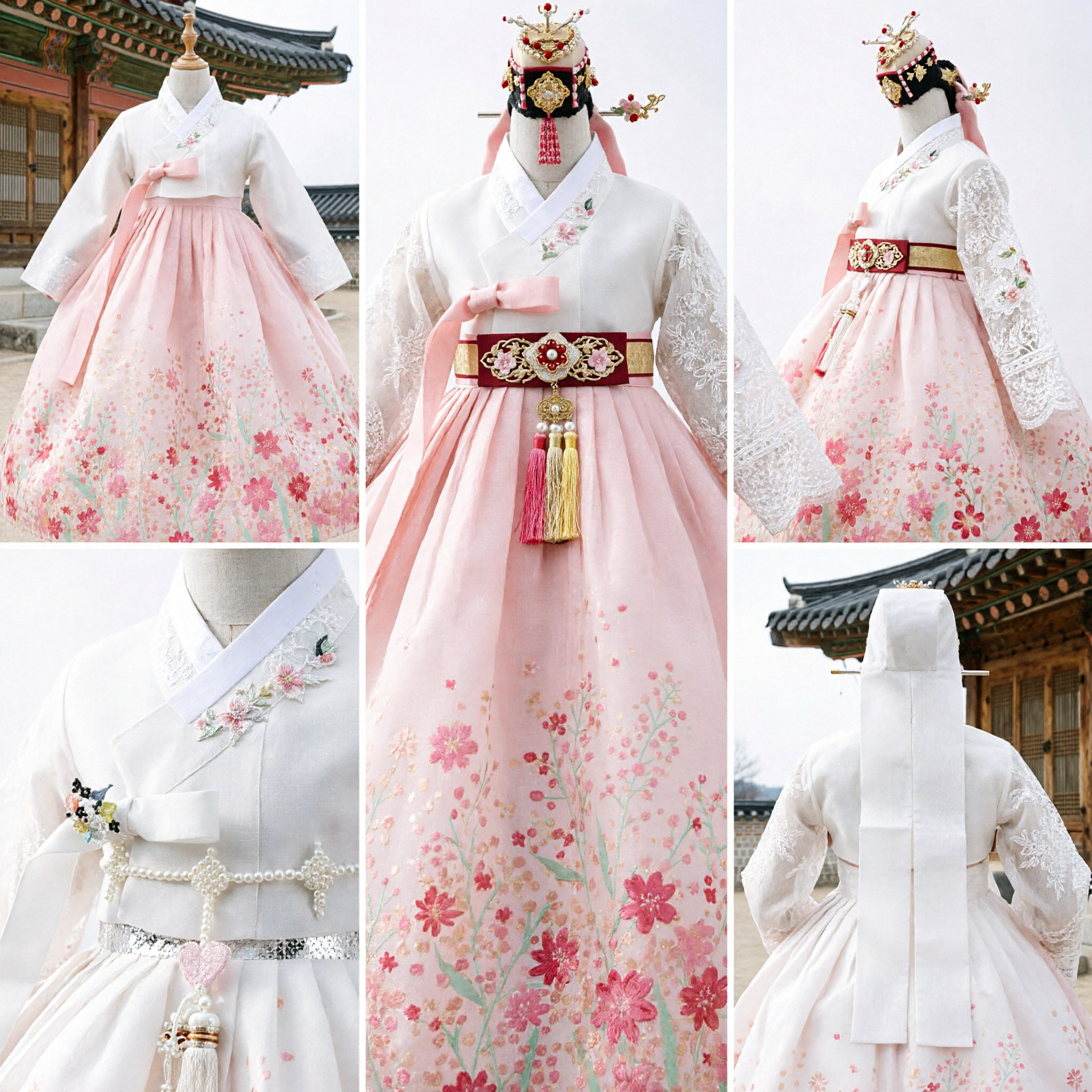 Traditional Korean Hanbok for Girls White Lace Jeogori Pink Floral Chima Wedding Birthday Costume
