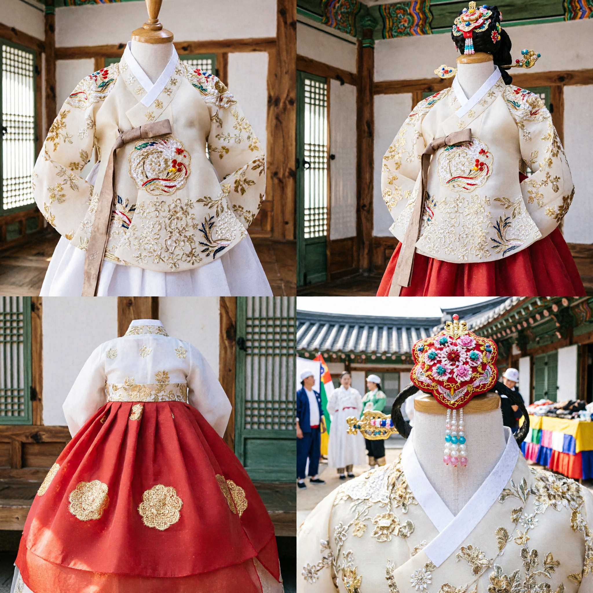 Traditional Korean Hanbok Costume for Girls Cream Gold Embroidered Jeogori and Red Chima for Wedding Holiday