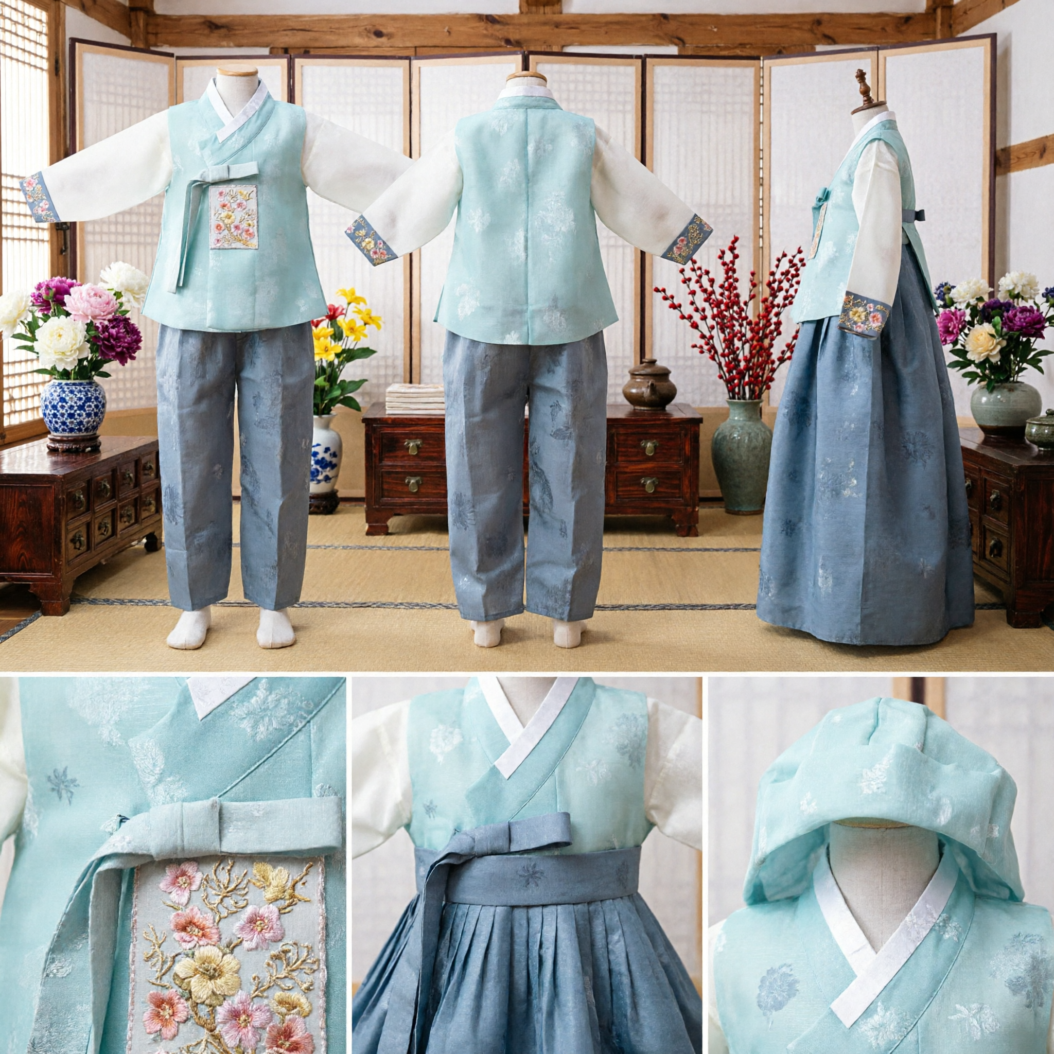 Traditional Korean Hanbok for Boys Light Blue Embroidered Vest Set with Hat for Doljanchi Celebration