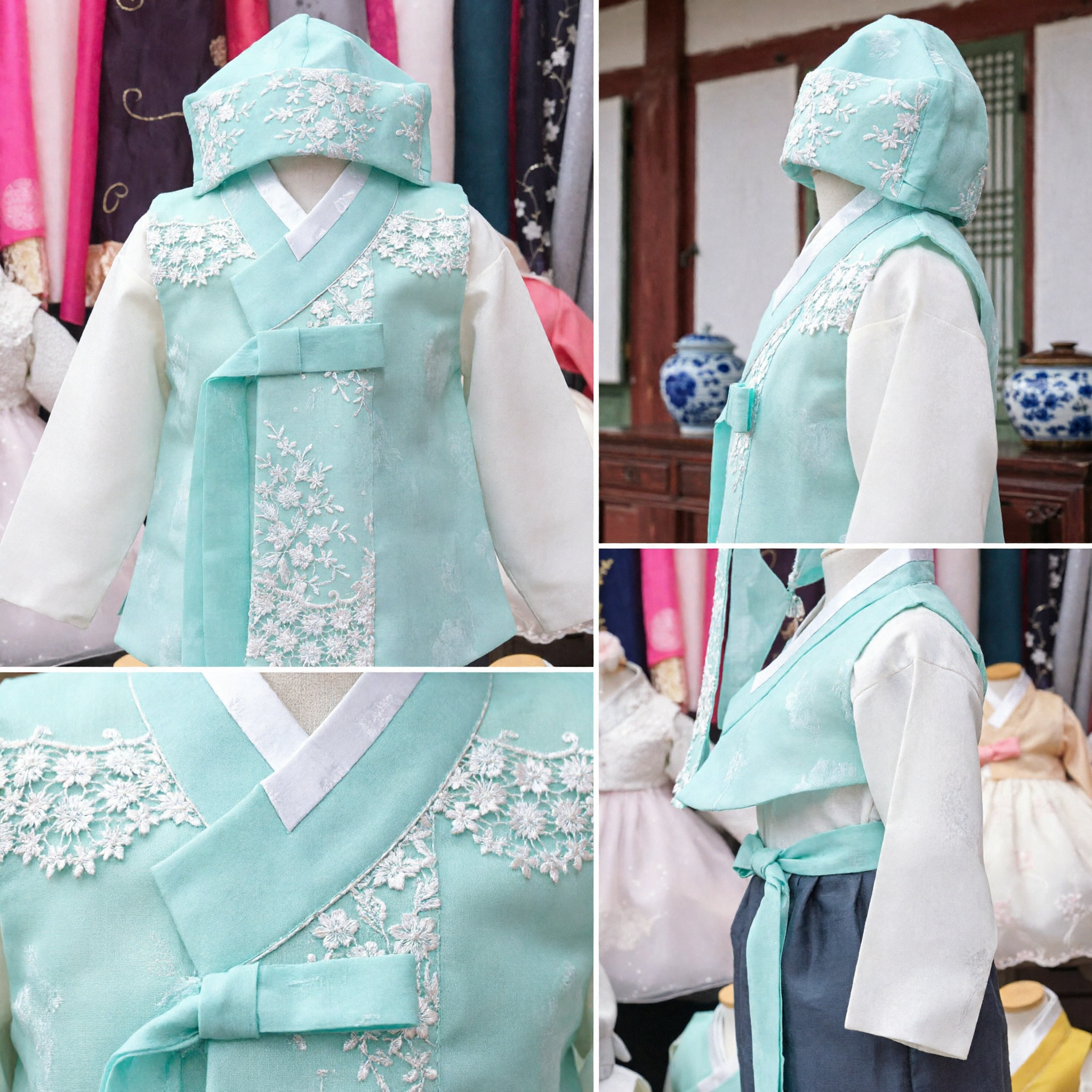 Traditional Korean Hanbok for Kids Mint Green Embroidered Vest Set for Boys First Birthday Party