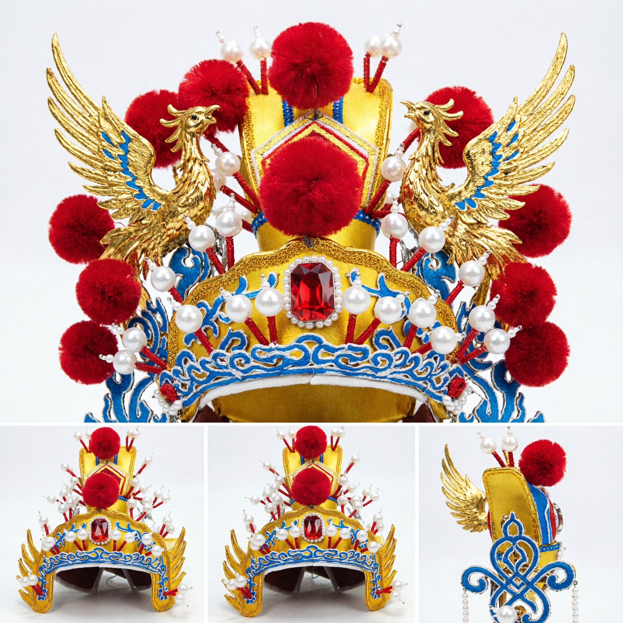 Traditional Chinese Peking Opera Gold Crown Headdress with Red Pom-Poms and Pearls for Stage Performance