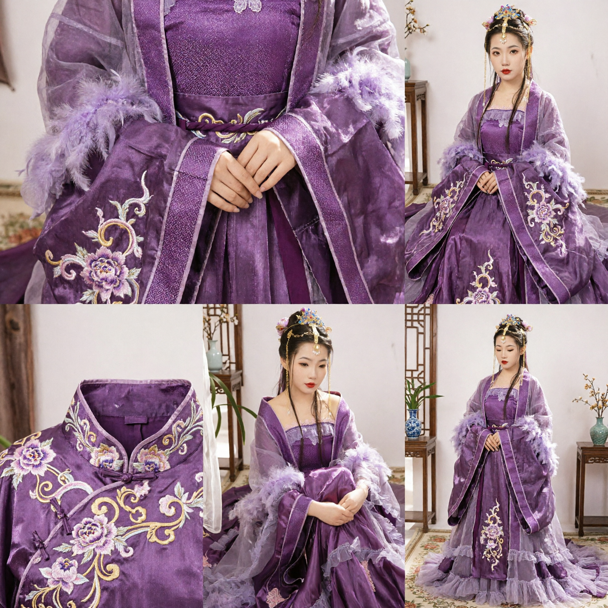 Elegant Purple Chinese Hanfu Tang Dynasty Princess Costume Ancient Palace Lady Dress with Feather Sleeves