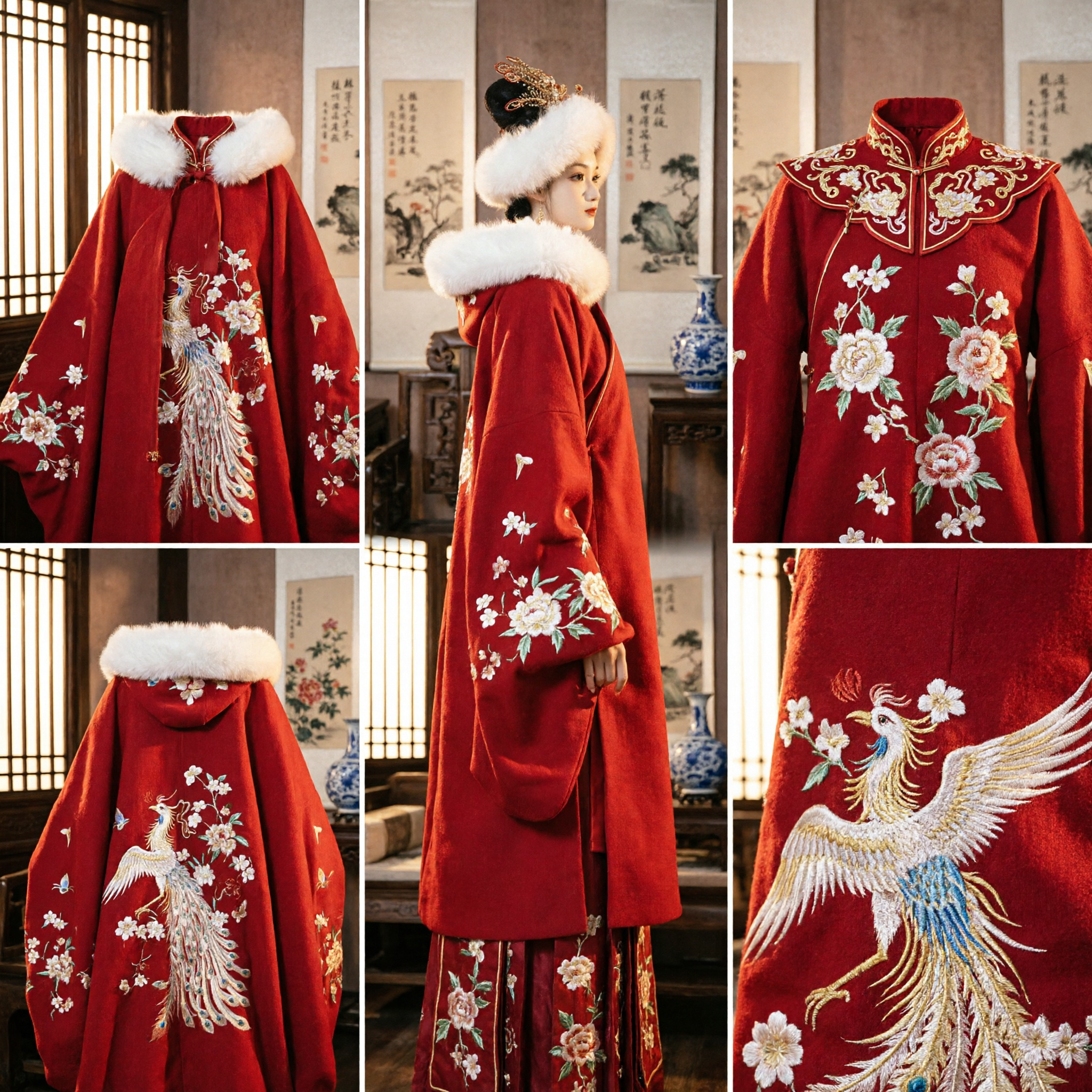 Traditional Chinese Red Winter Hanfu Cloak with White Fur Trim and Peacock Embroidery for Women Ancient Costume