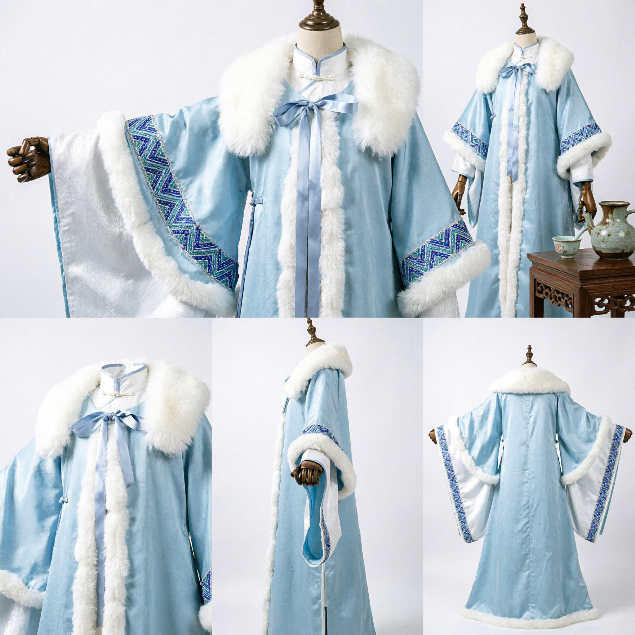 Traditional Chinese Hanfu Winter Cloak Blue Robe with White Fur Trim Ancient Costume for Cosplay