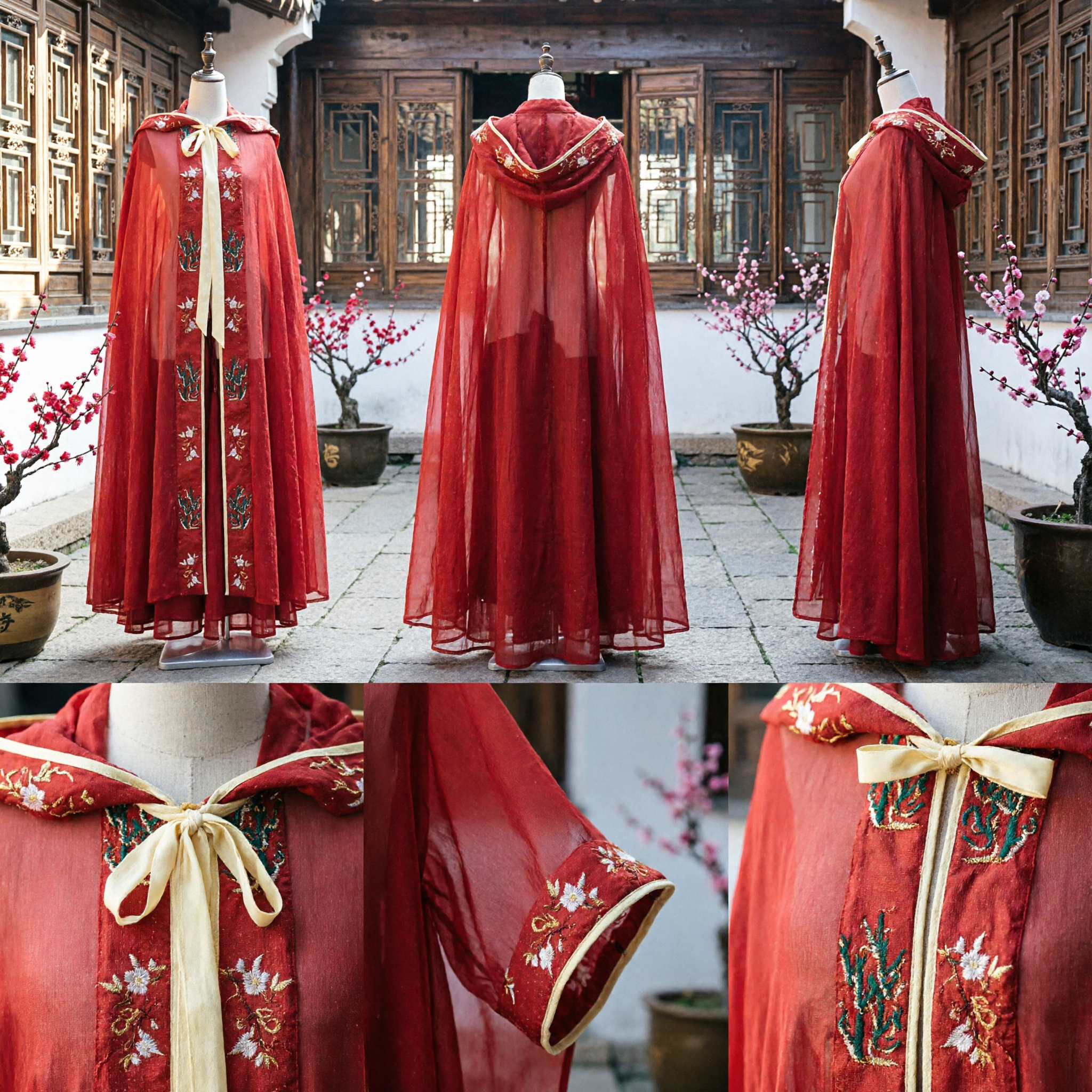 Ancient Chinese Red Chiffon Cloak Cape with Embroidery Traditional Hanfu Wedding Costume for Women
