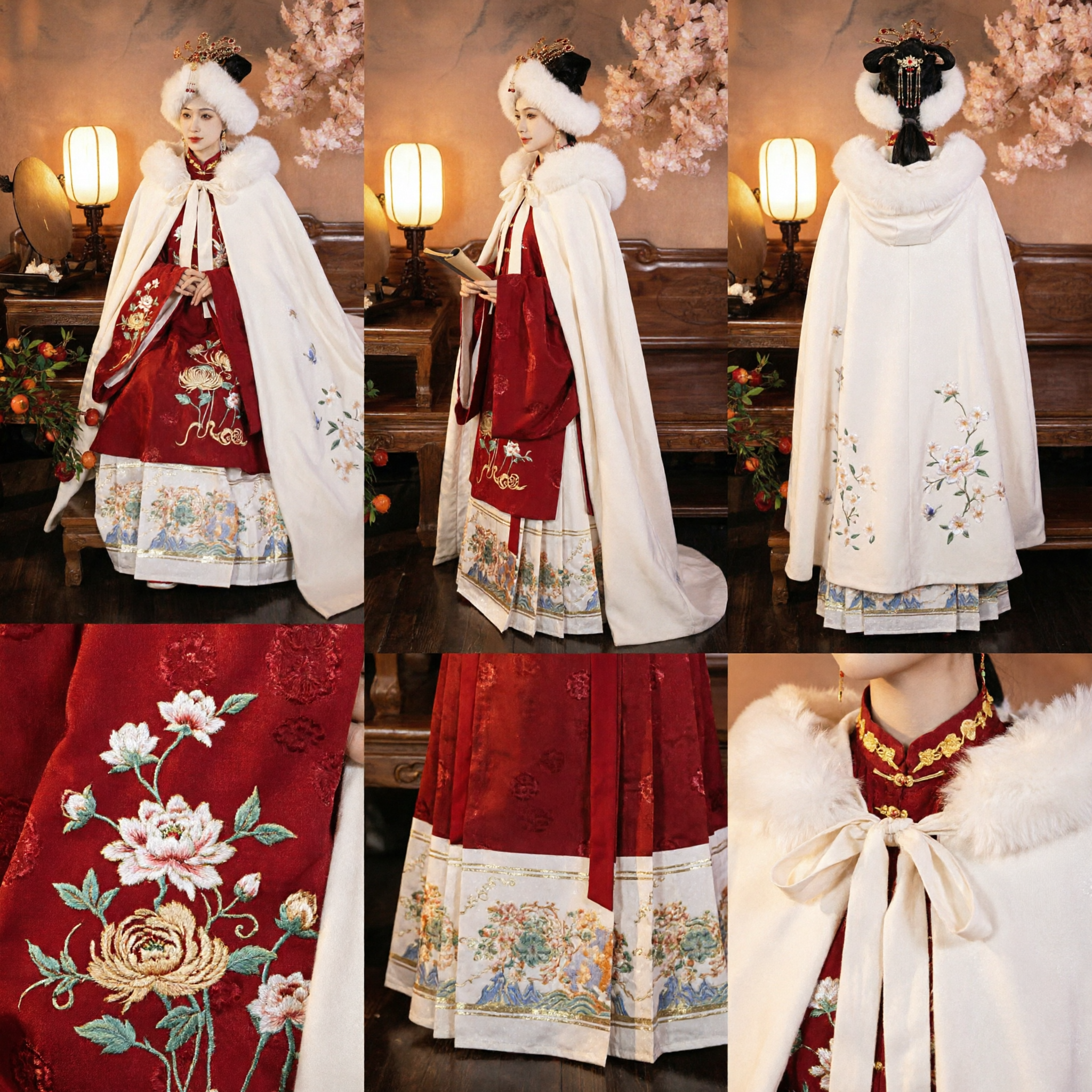Women's Traditional Chinese Hanfu Winter Cape Cloak with White Fur Trim and Embroidered Red Ming Dynasty Dress