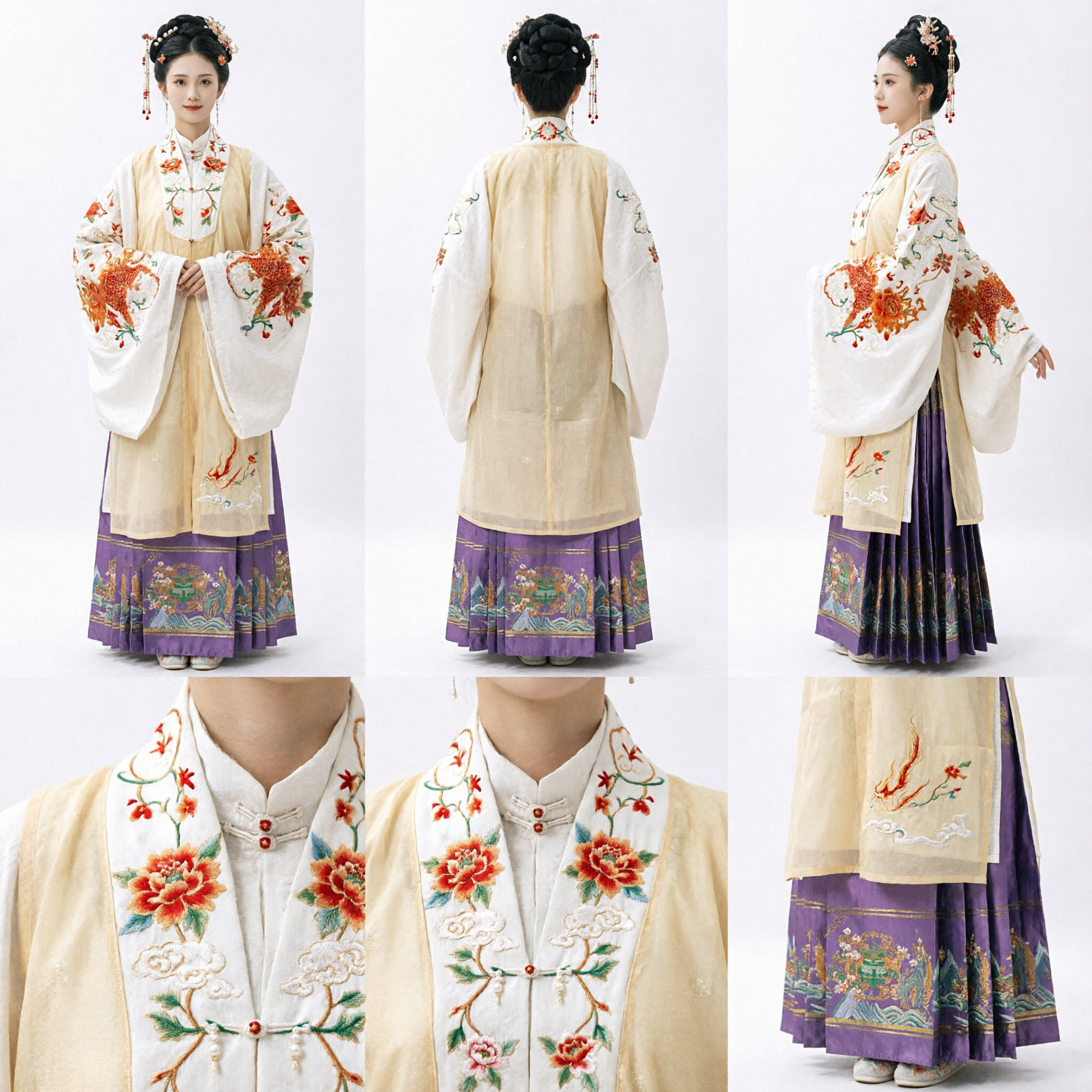 Chinese Traditional Hanfu Costume for Women Ming Dynasty Style White Embroidered Top and Purple Pleated Skirt Set