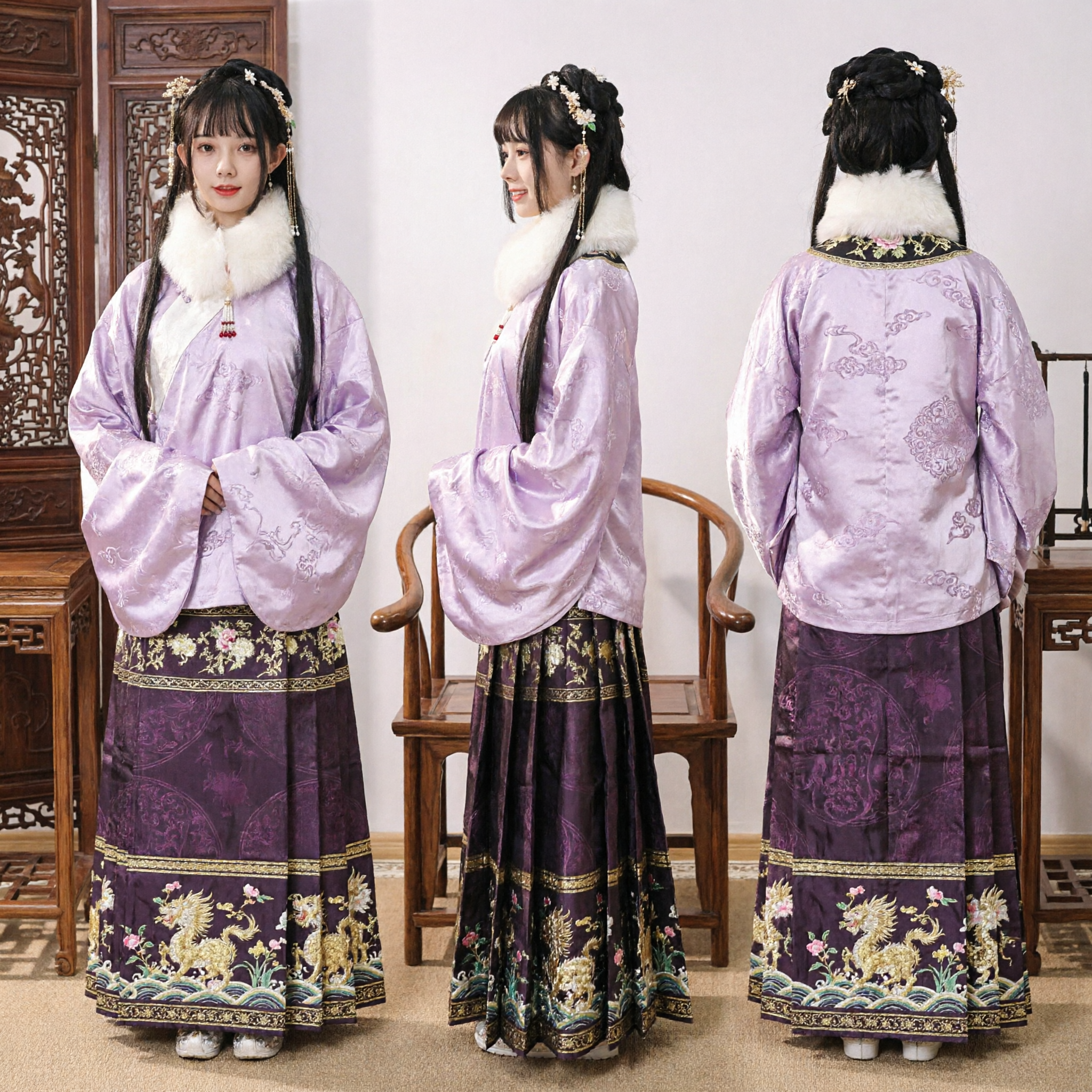 Traditional Chinese Ming Dynasty Hanfu Costume Purple Fur Collar Jacket and Gold Embroidered Skirt Set for Women