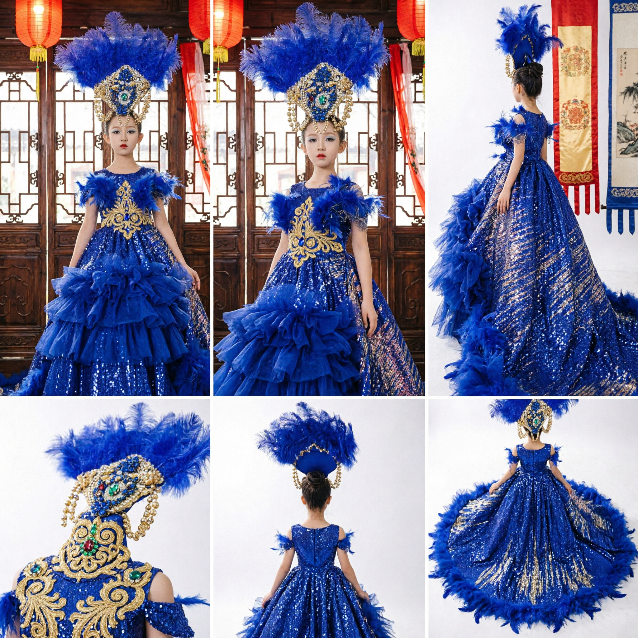 Elaborate Royal Blue Feather Headdress and Sequin Gown for Girls Stage Dance Performance Costume