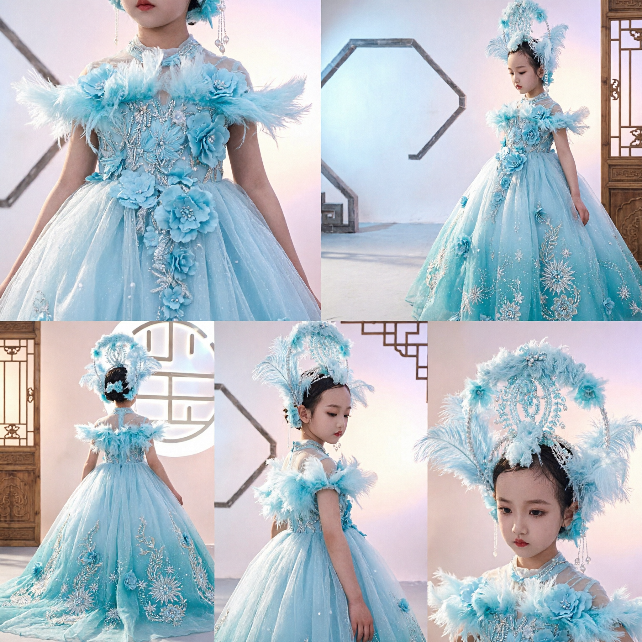 Kids Fantasy Ice Princess Costume Blue Tulle Ball Gown with Feather Headpiece for Stage Performance