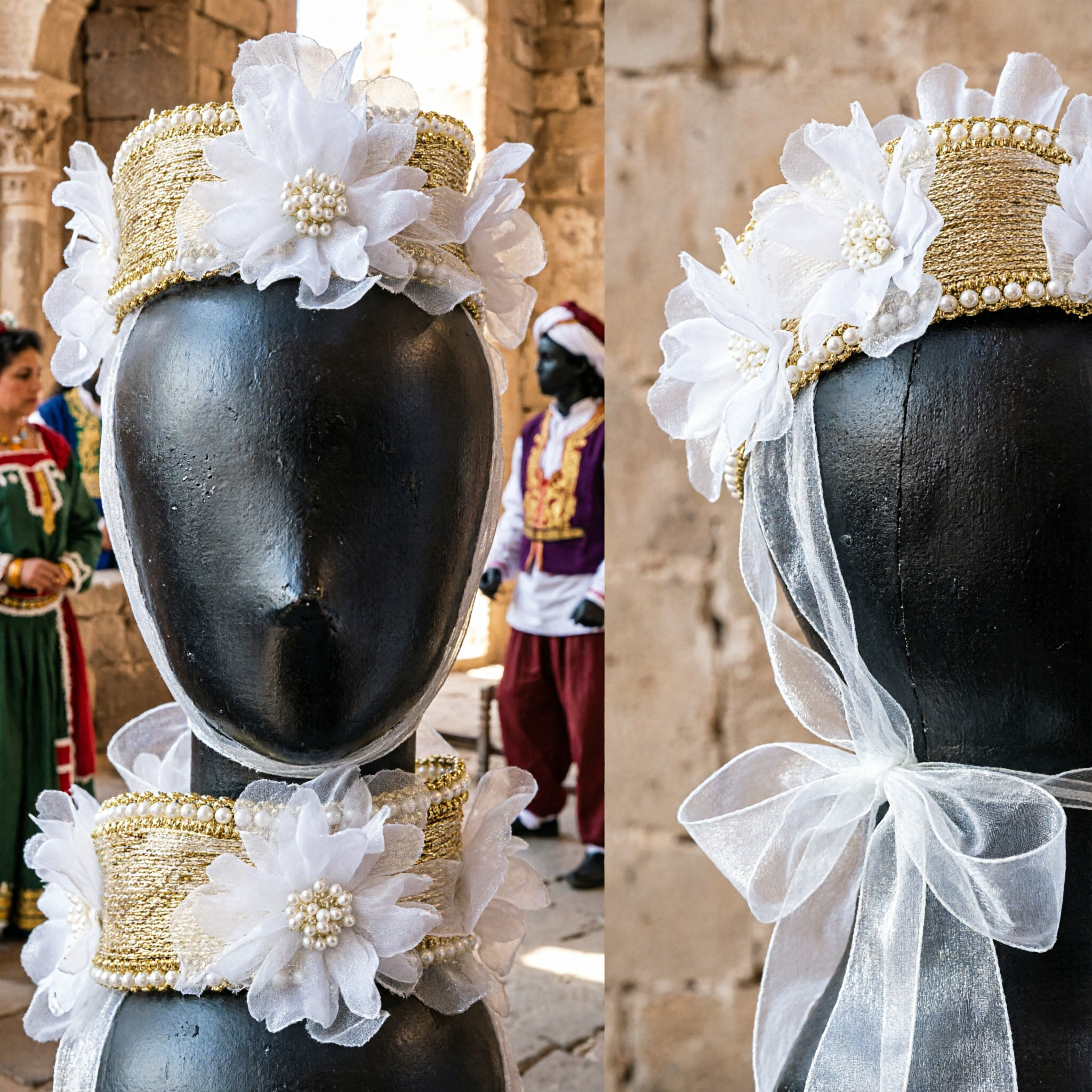 Elegant White Floral Headband with Pearl Accents and Long Sheer Ribbons for Bridal Wedding Costume