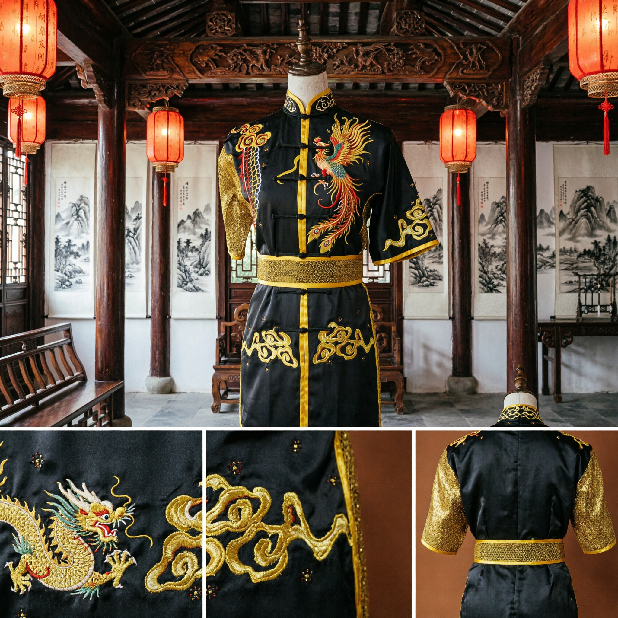 Men's Traditional Chinese Kung Fu Uniform Black Gold Embroidered Wushu Martial Arts Performance Costume Set
