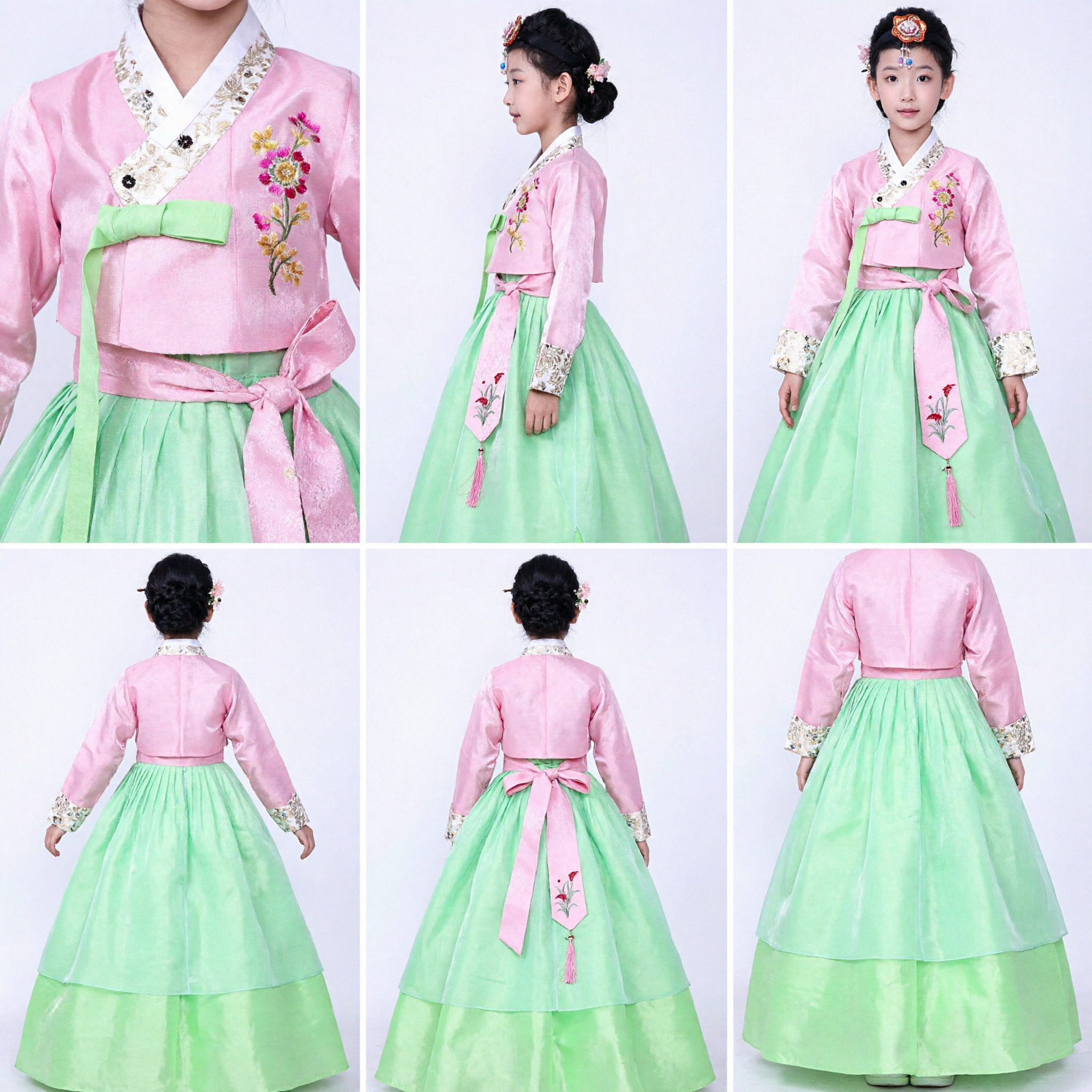 Kids Girls Traditional Korean Hanbok Dress Pink and Green Floral Embroidery Costume for Holidays