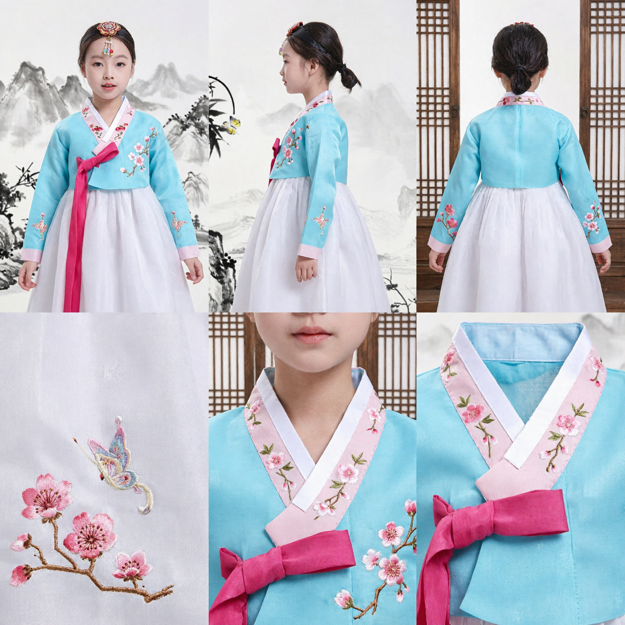 Traditional Korean Hanbok for Girls Blue Embroidered Top and White Skirt Kids Costume for Festivals and Parties