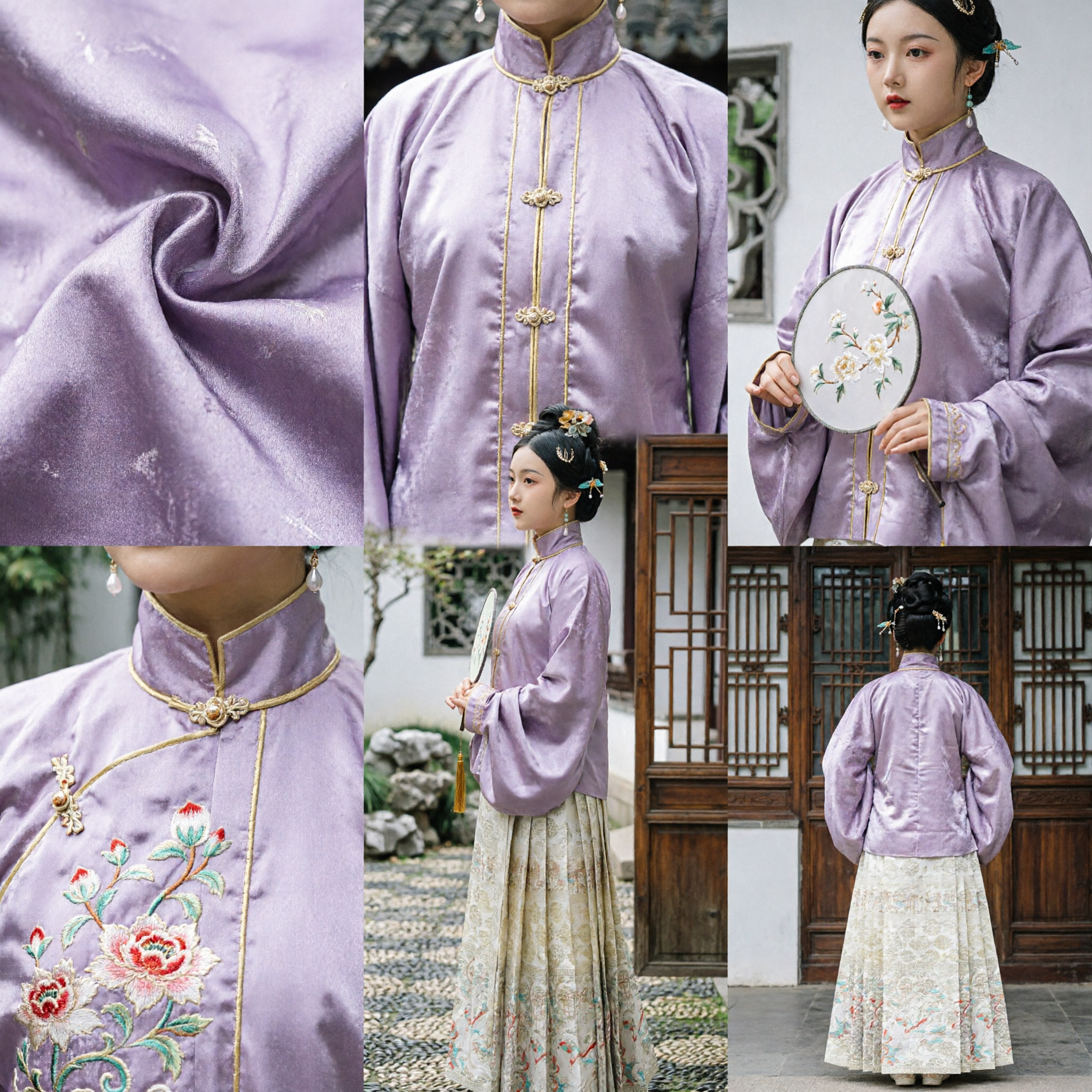 Elegant Women's Ming Dynasty Hanfu Set Purple Silk Jacket and Brocade Skirt Traditional Chinese Historical Costume