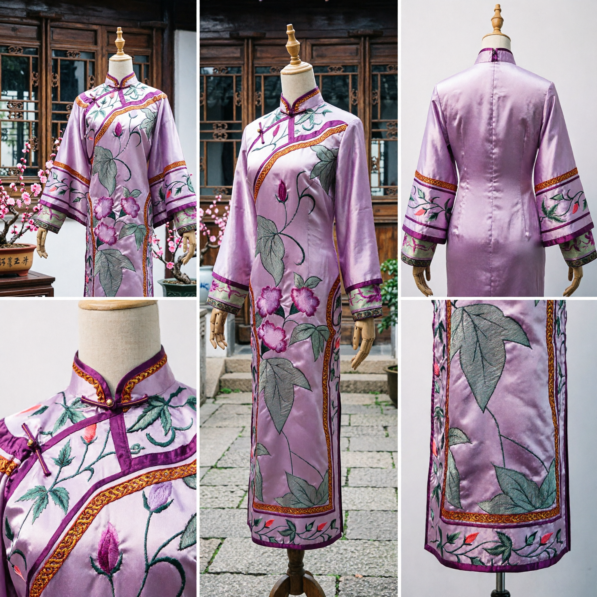 Women's Traditional Chinese Purple Silk Embroidered Floral Cheongsam Long Dress for Stage Performance