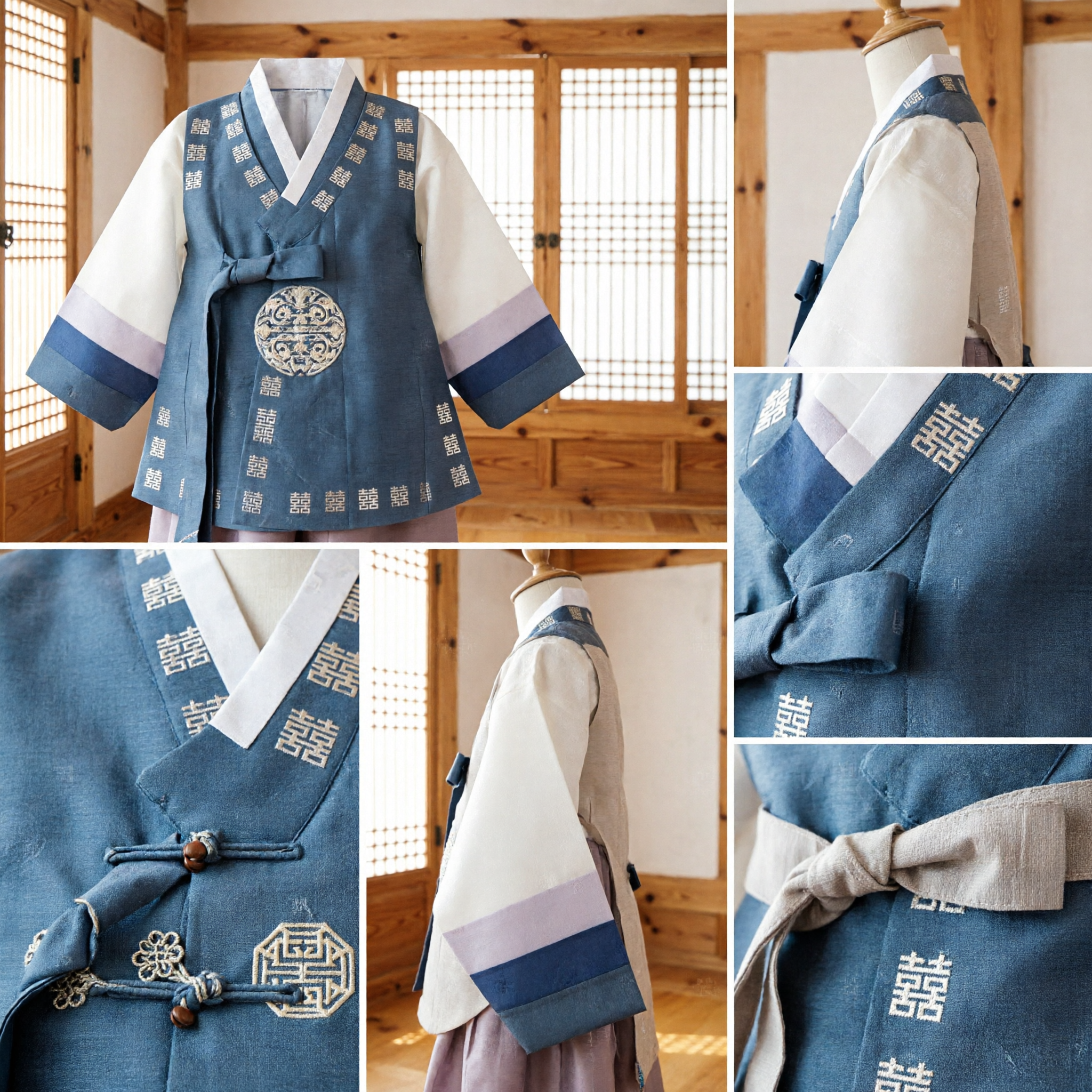 Traditional Korean Hanbok for Boys Grey Wedding Vest Set with Double Happiness Pattern for Festive Occasions