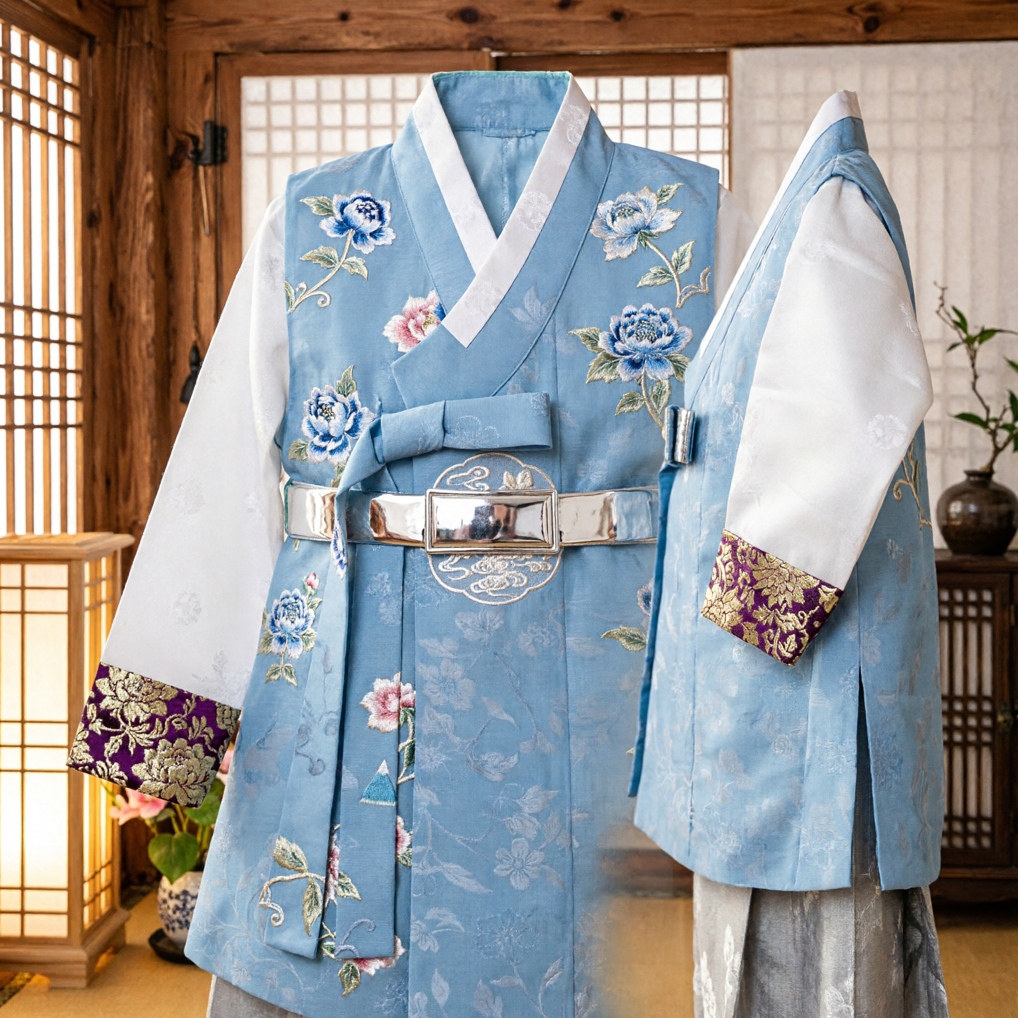 Traditional Korean Hanbok Costume for Boys Light Blue Floral Vest Set for Wedding and Dol Celebration