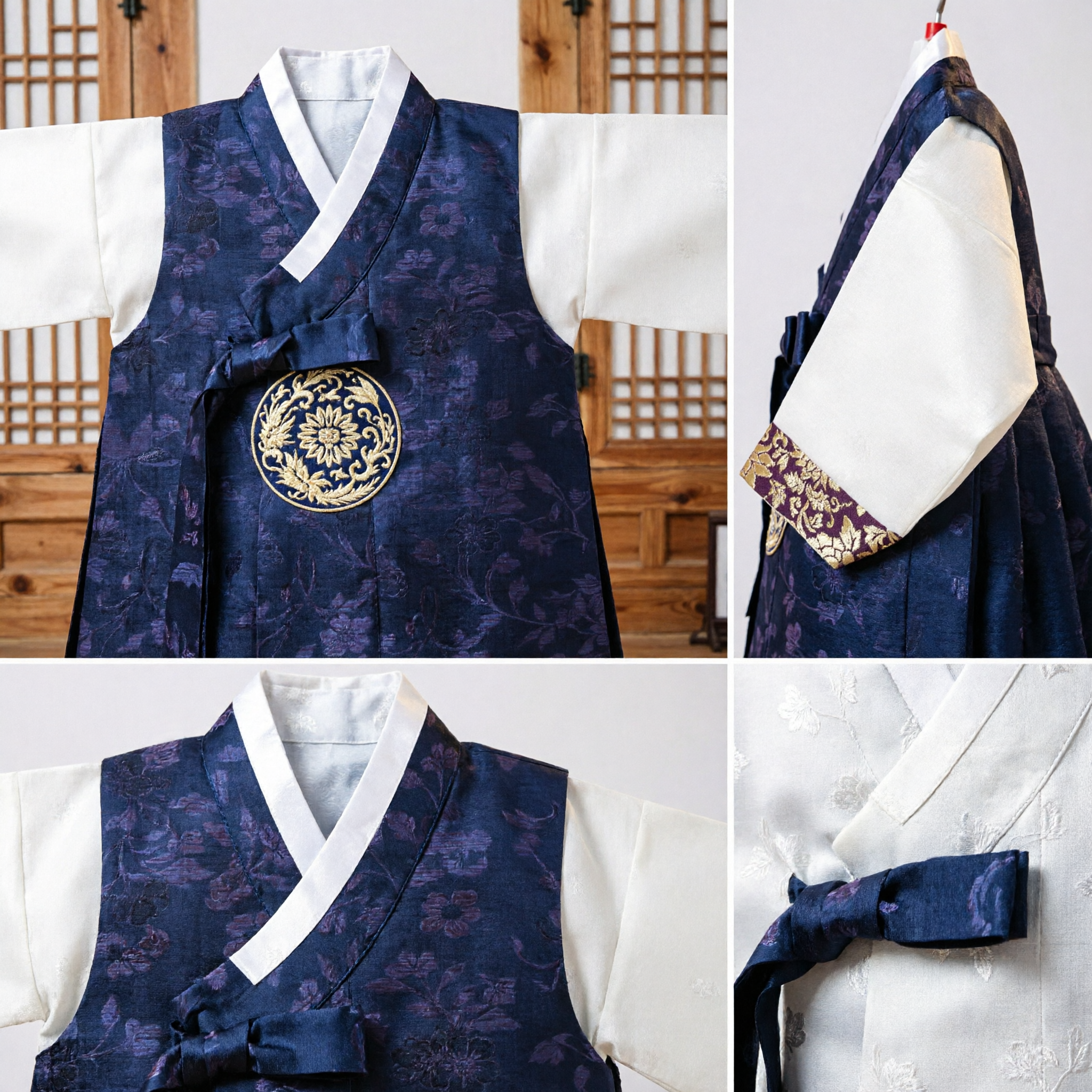 Traditional Korean Hanbok Men's Set Dark Purple Floral Vest Over White Jeogori for Weddings and Festivals