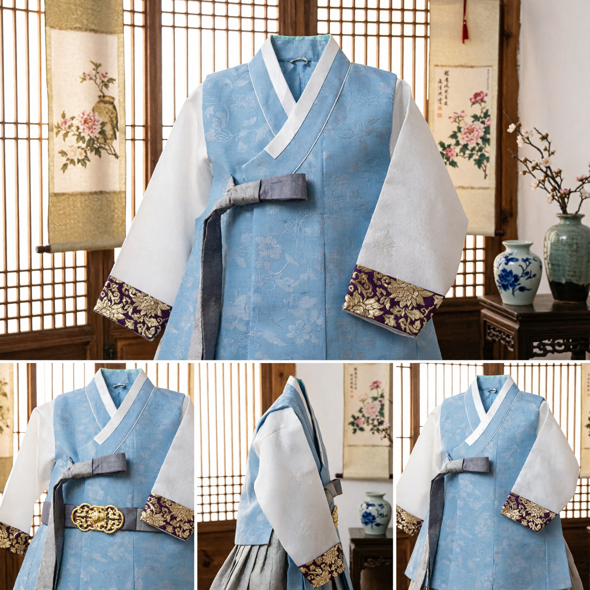 Traditional Korean Boy's Hanbok Set Light Blue Jeogori for First Birthday Doljanchi and Wedding Ceremonies