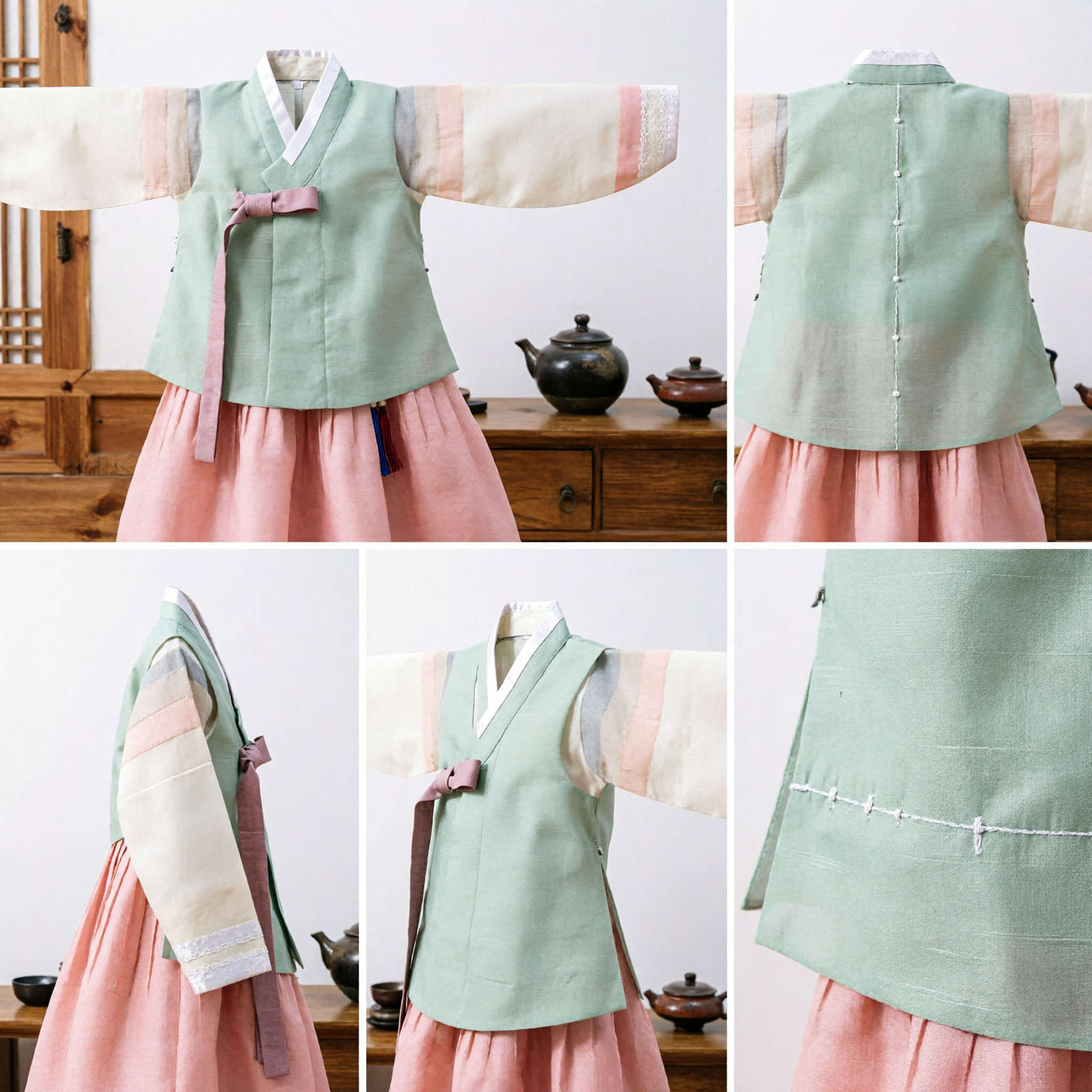 Traditional Korean Hanbok for Kids Green Jeogori Top with Saekdong Sleeves for First Birthday Party