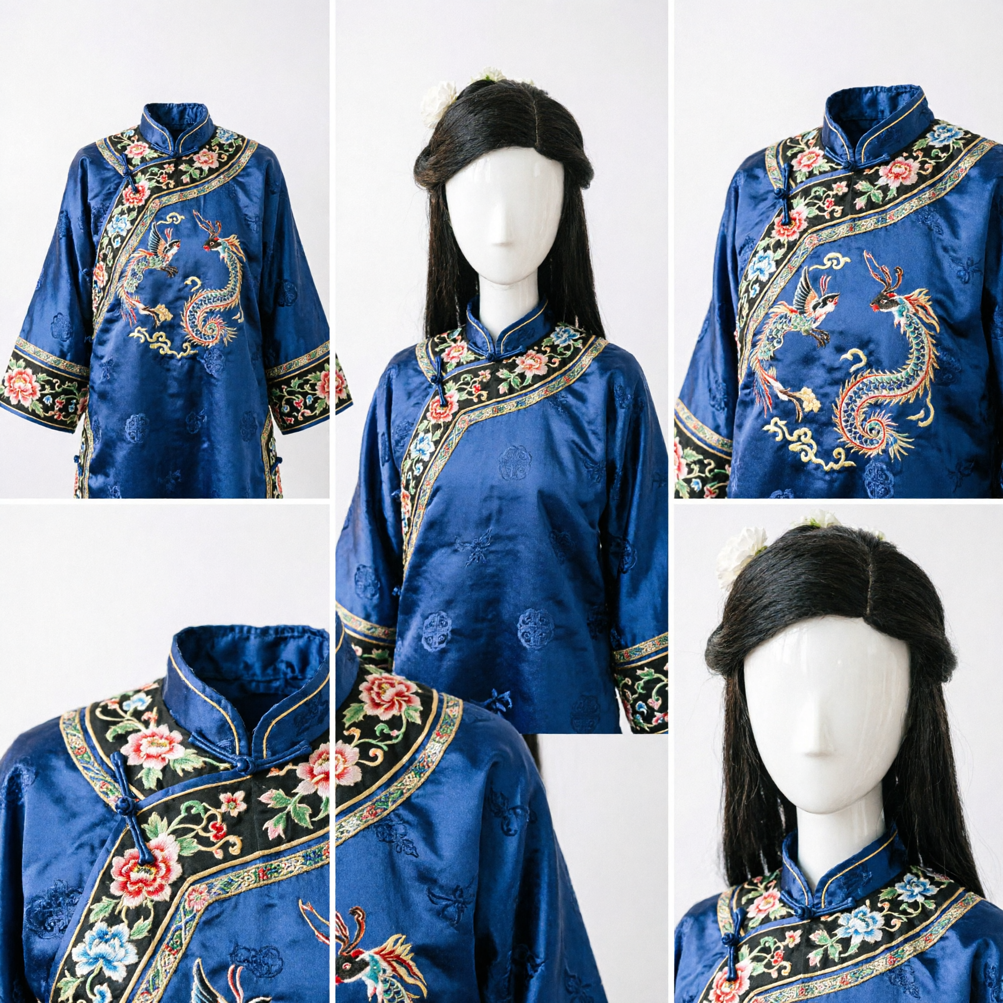Traditional Chinese Ancient Style Black Wig with White Floral Accessories for Hanfu Cosplay and Period Drama Costume