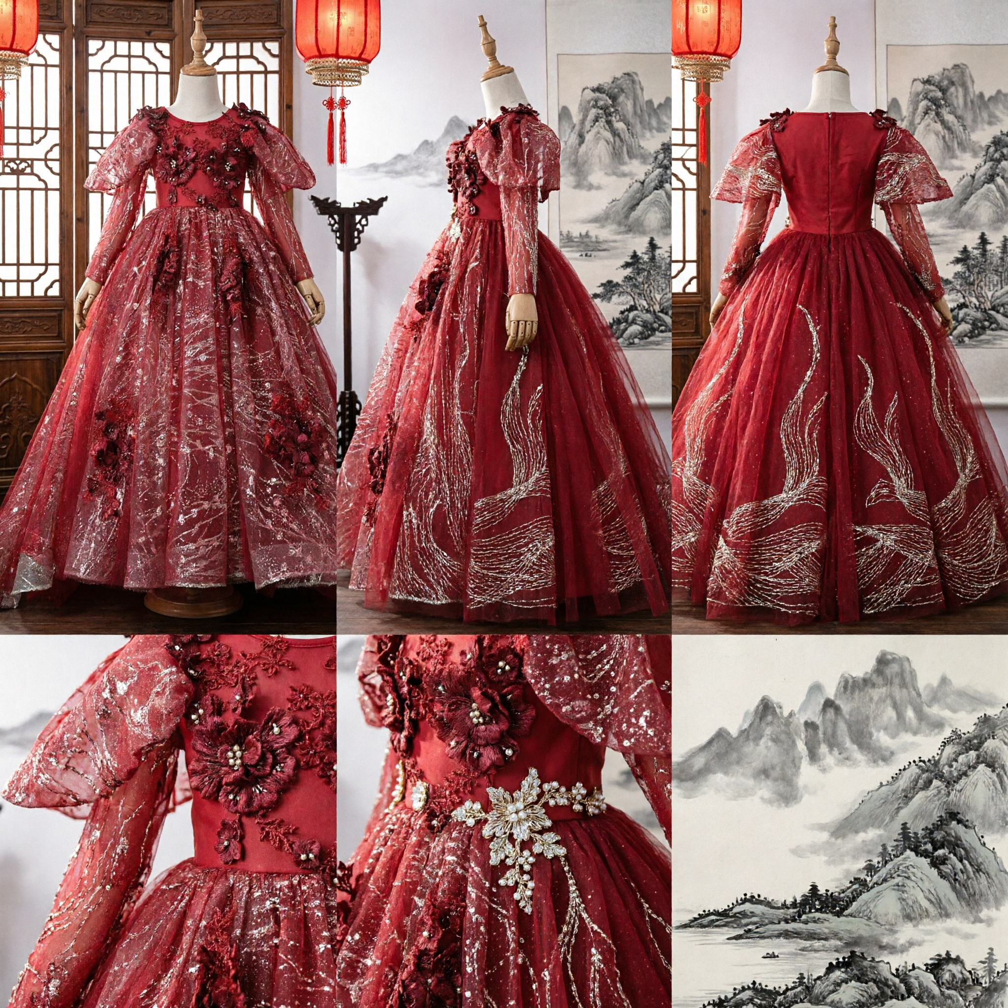 Girls Red Long Sleeve Tulle Flower Girl Dress Sequin Formal Wedding Party Pageant Gown