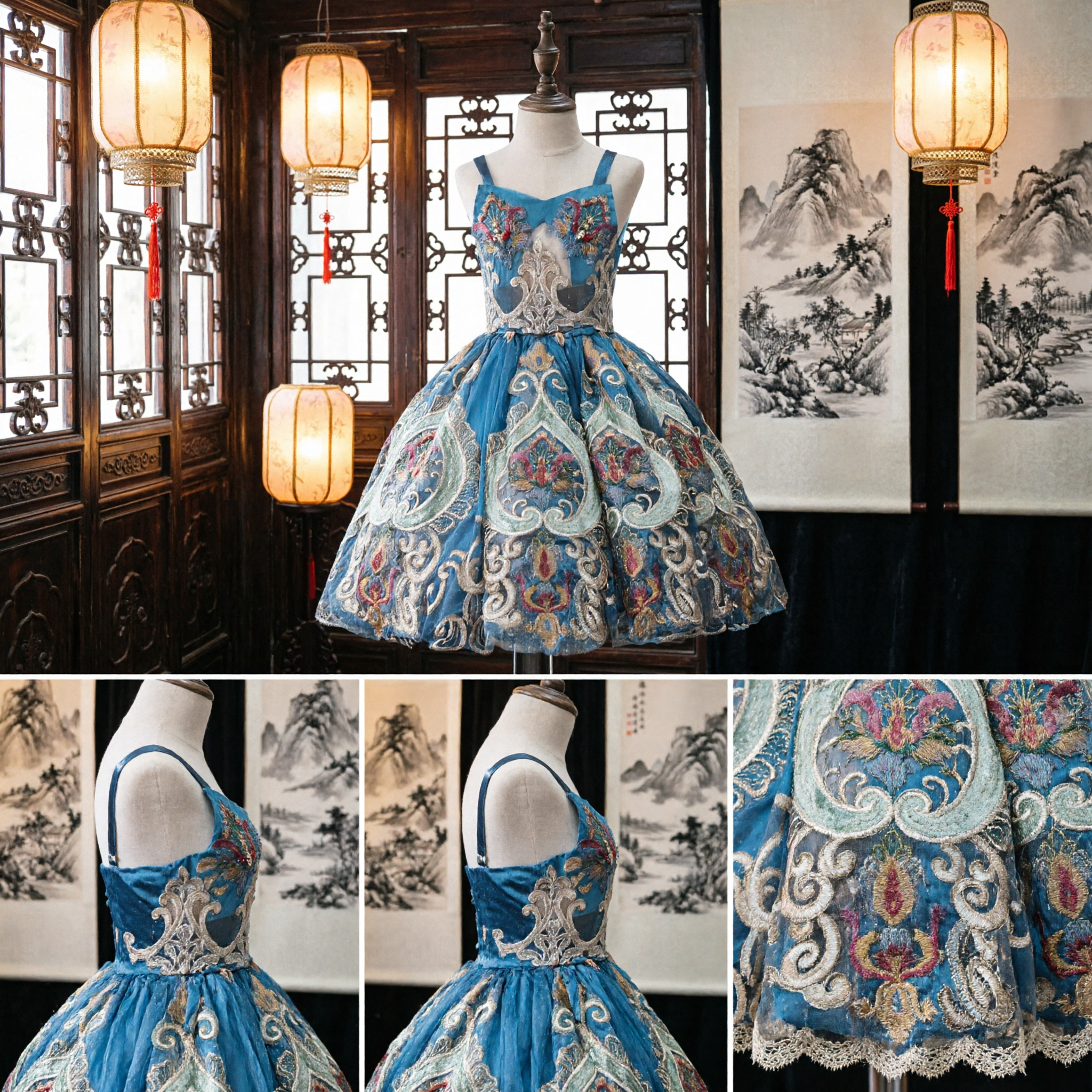 Luxurious Blue Sequined Stage Costume Short Puffy Skirt Latin Dance Dress for Performance Competition