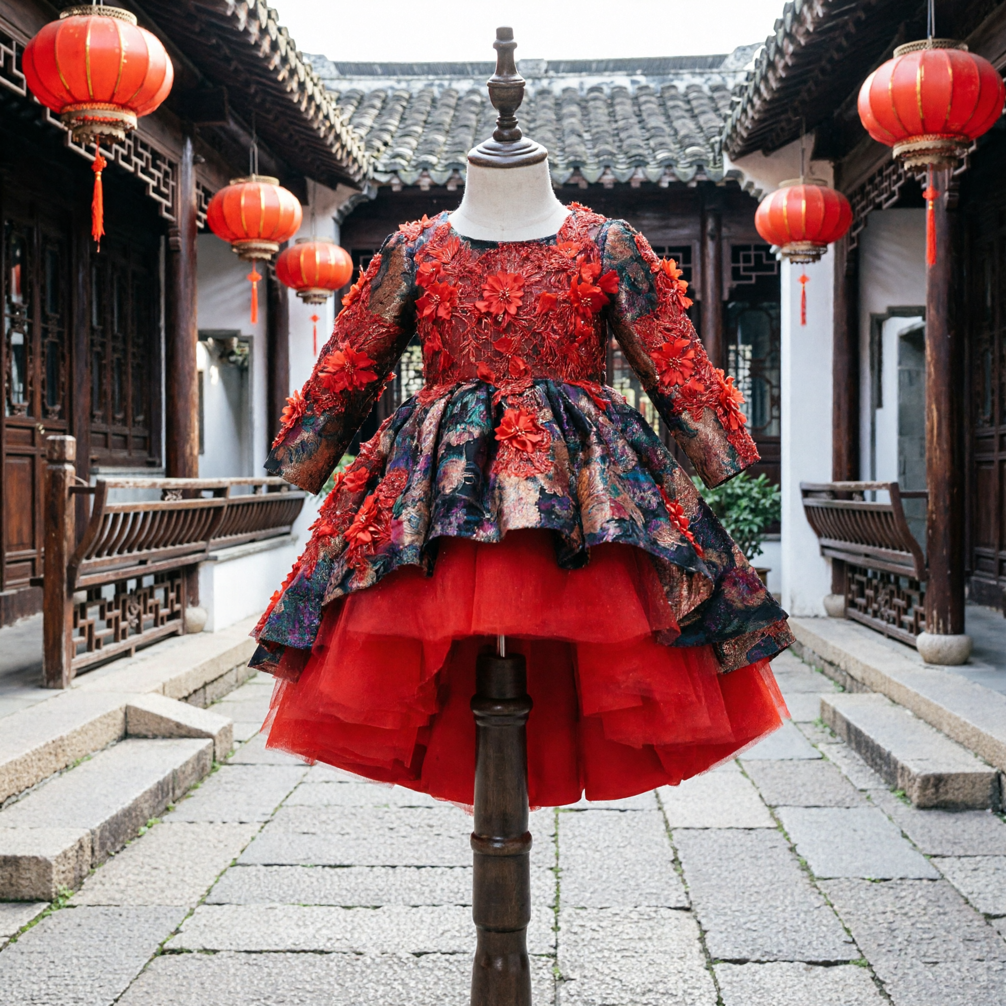 Kids Red 3D Floral Applique Dress Traditional Chinese Brocade High-Low Skirt Wedding Flower Girl Formal Gown