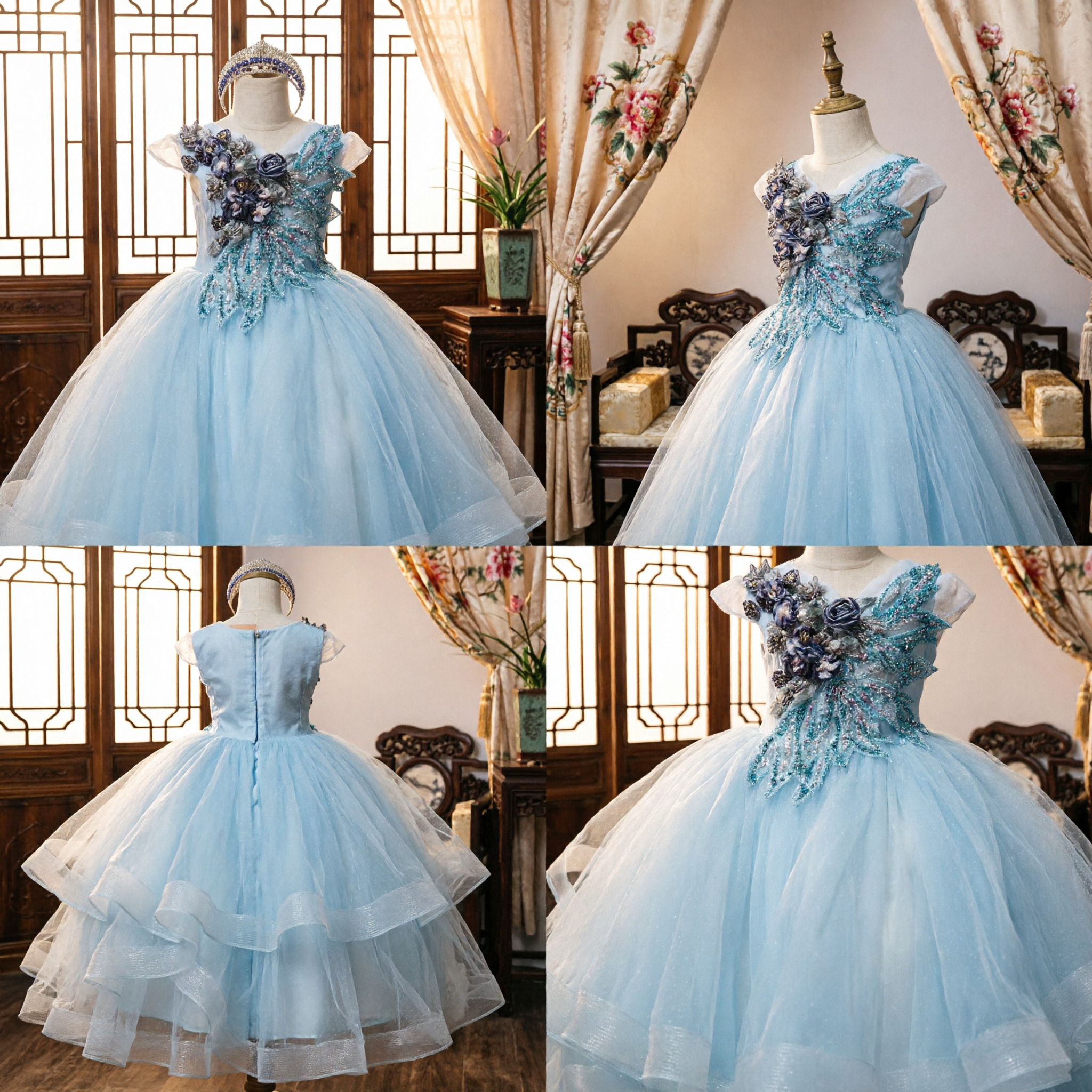 Elegant Light Blue Kids Princess Ball Gown Beaded Floral Bodice Tulle Skirt Wedding Flower Girl Dress