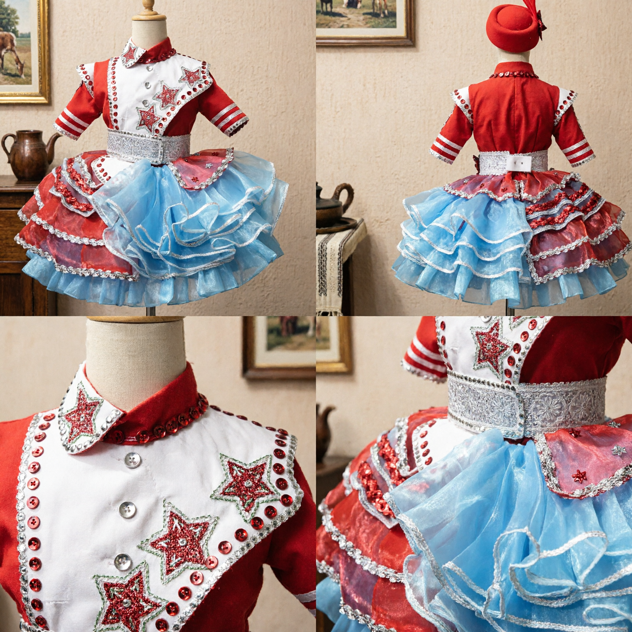 Girls Red and Blue Sequin Latin Dance Costume with Hat for Kids Ballroom Competition Performance