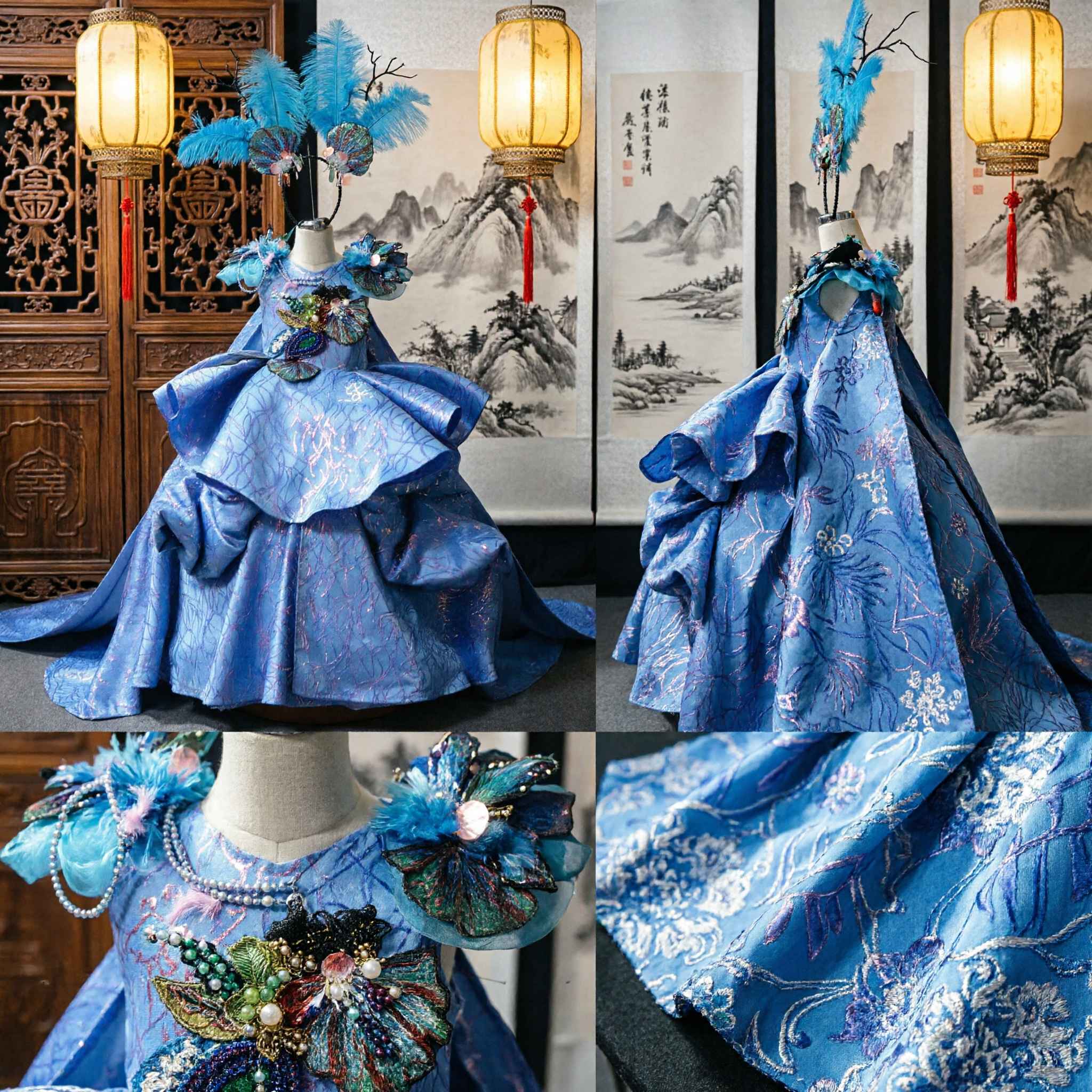 Girls Blue Peacock Princess Ball Gown with Feather Headpiece for Stage Performance and Carnival