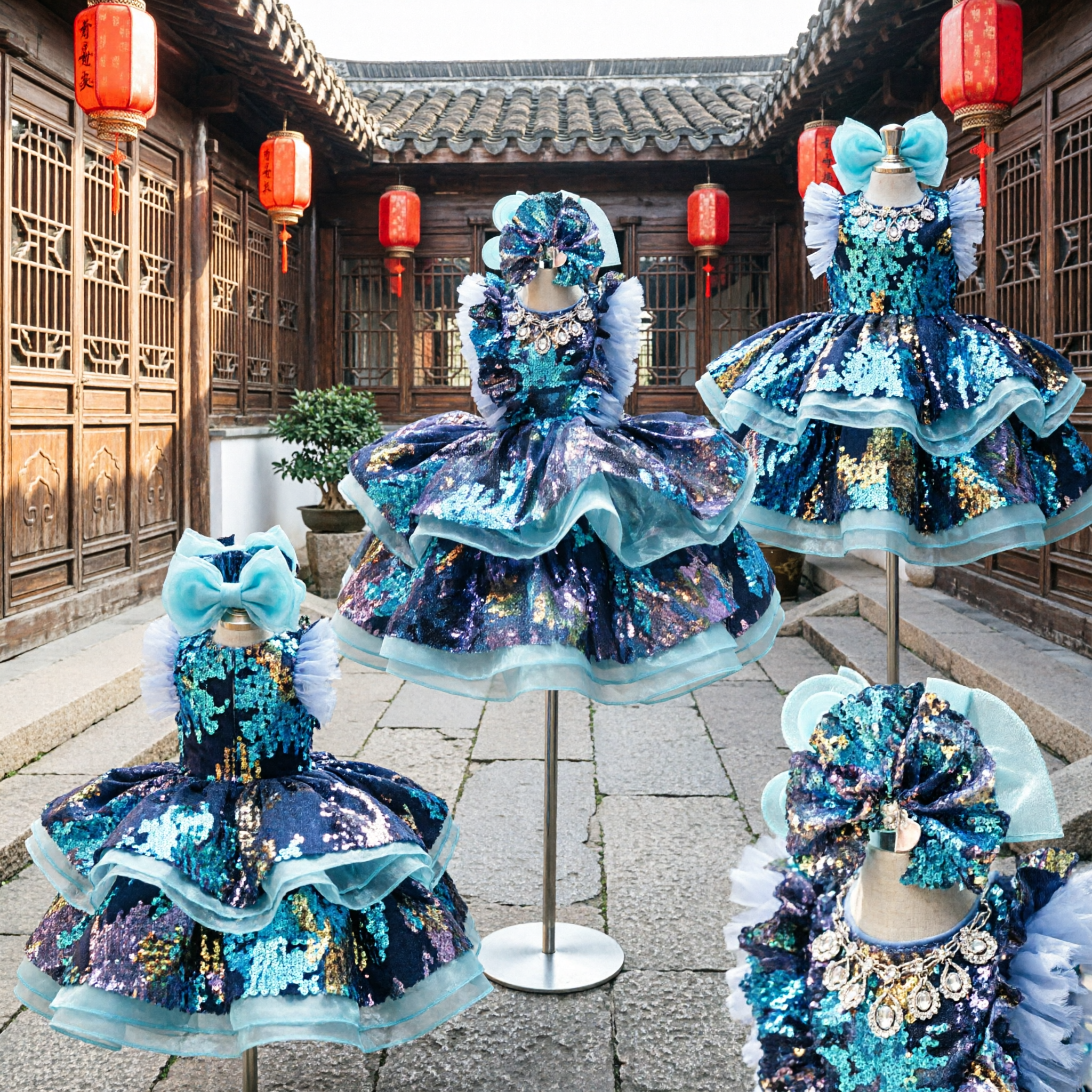 Kids Girls Sparkly Galaxy Sequin Princess Dress Blue Purple Ruffled Tutu Stage Performance Costume