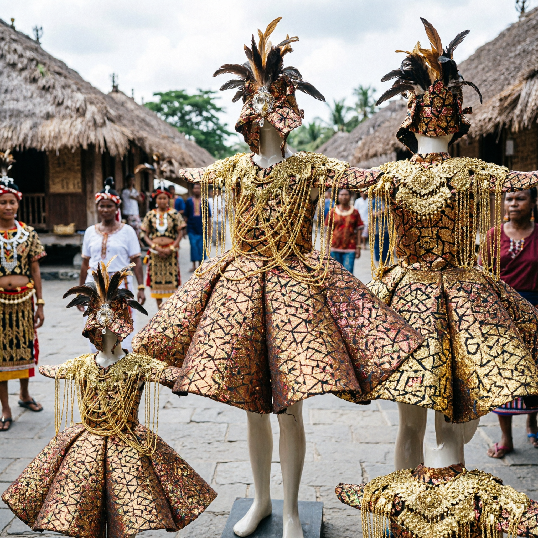 Spectacular Gold Bronze Stage Dance Costume with Feather Headpiece and Chains for Carnival Performance