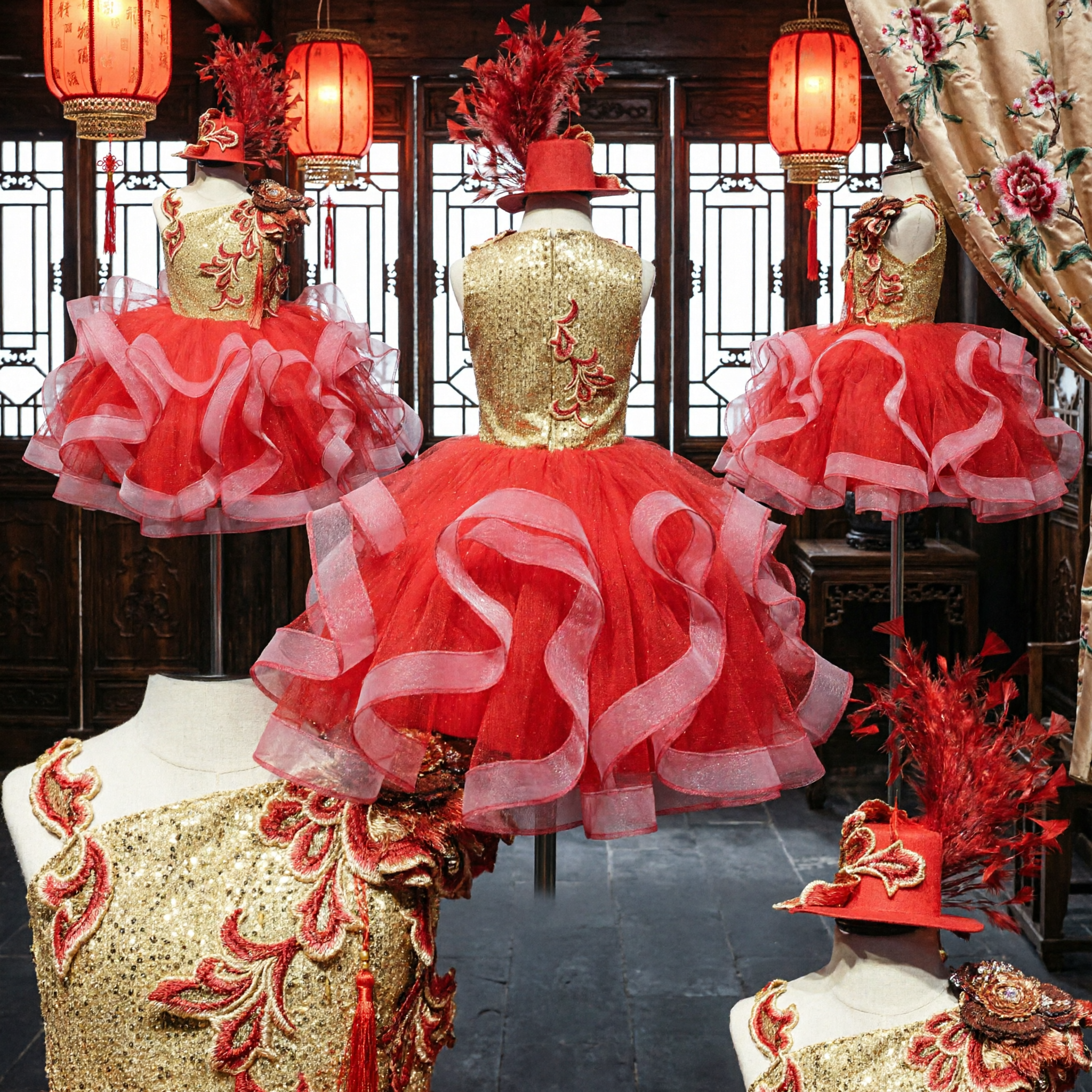 Girls Red Gold Sequin Latin Dance Performance Costume with Ruffle Tutu Skirt and Matching Feather Hat