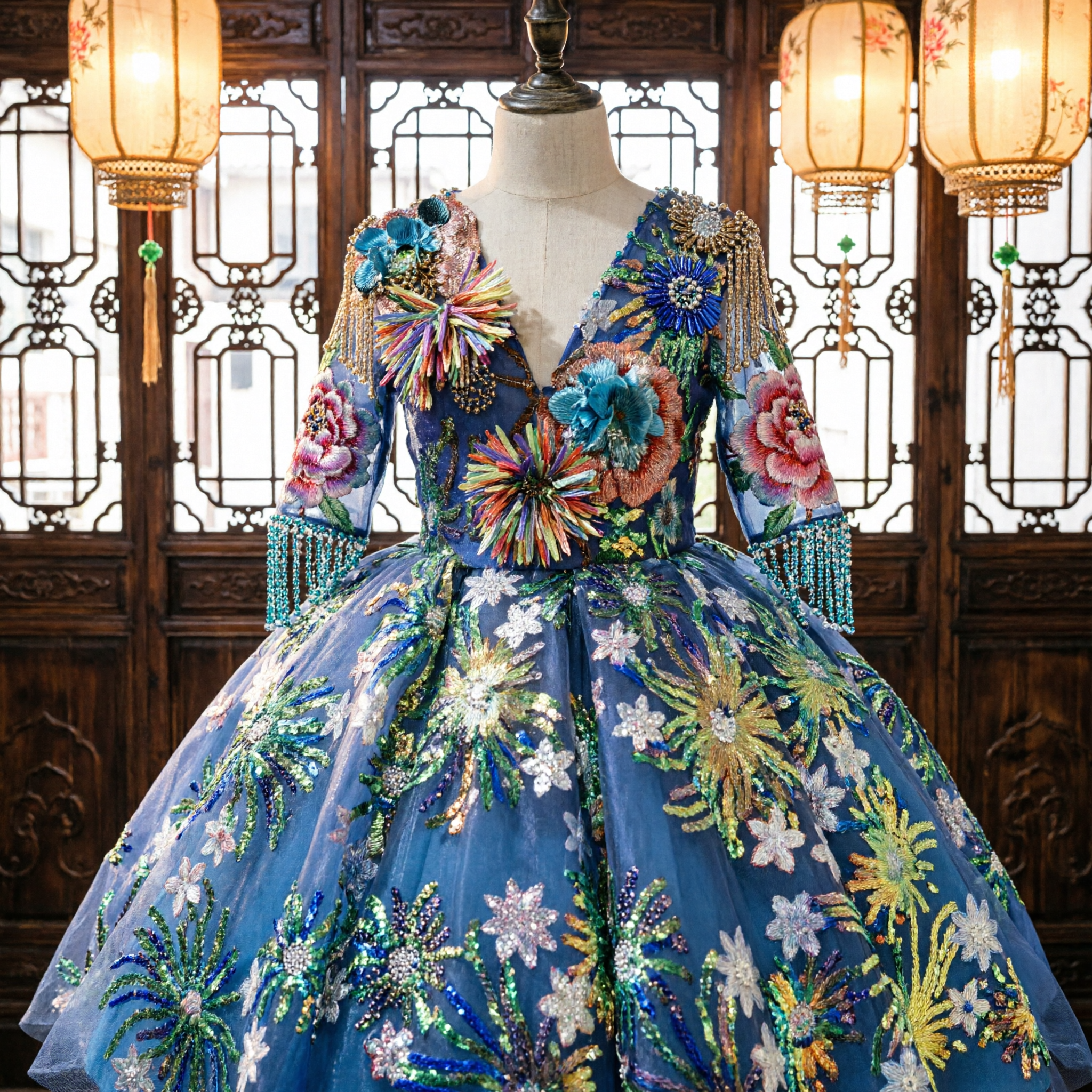 Royal Blue Latin Dance Dress with Floral Sequin Skirt and Feather Headpiece for Stage Performance Competitions