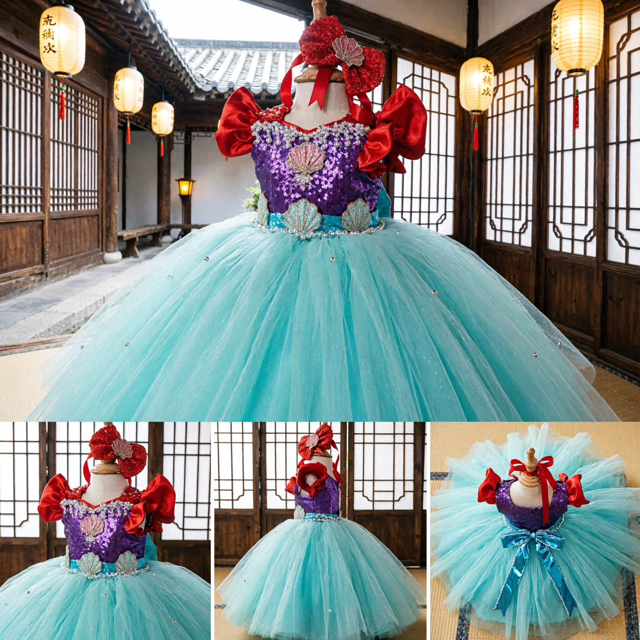 Girls Little Mermaid Princess Costume Dress Purple Sequin Bodice Red Sleeves Tulle Skirt for Halloween Party