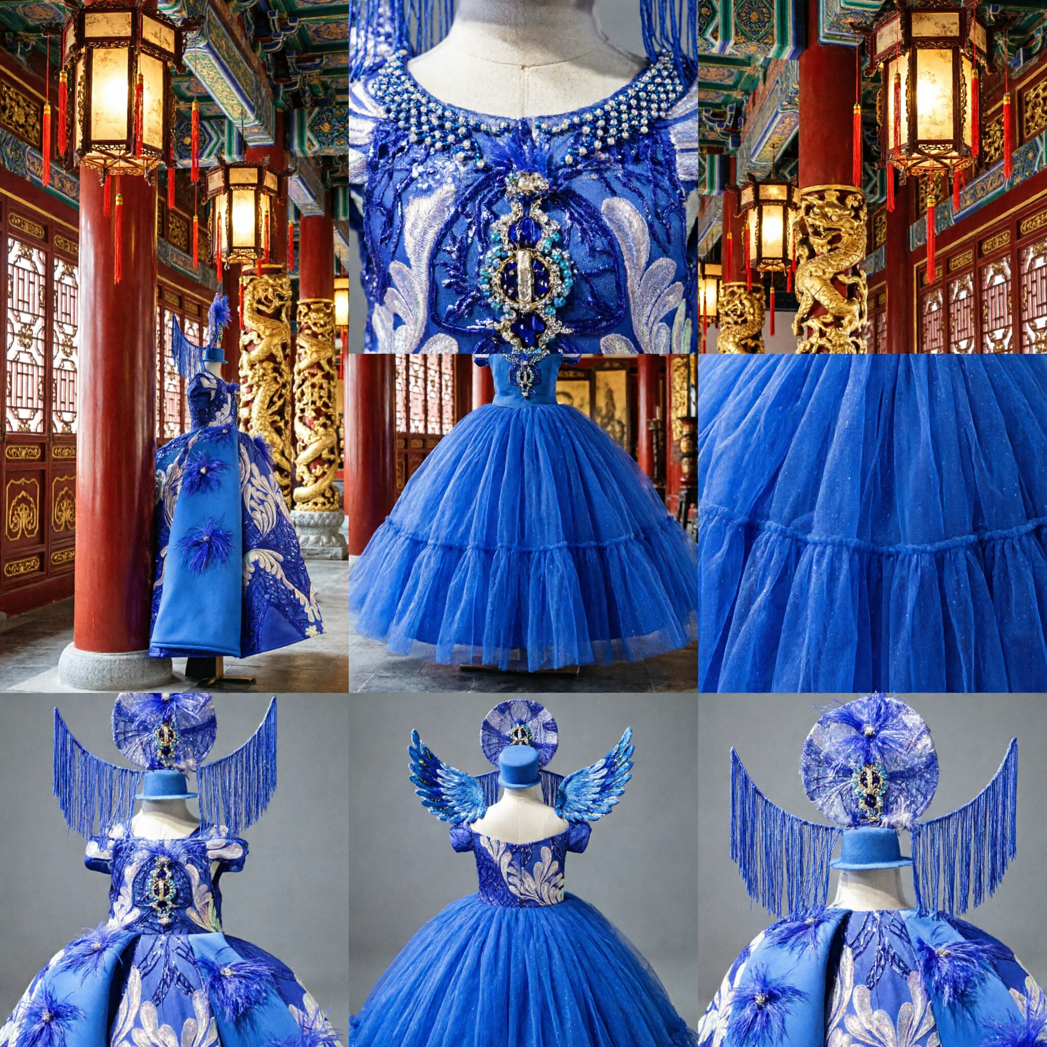 Royal Blue Traditional Chinese Stage Performance Dress with Feathers and Headpiece for Female Singers
