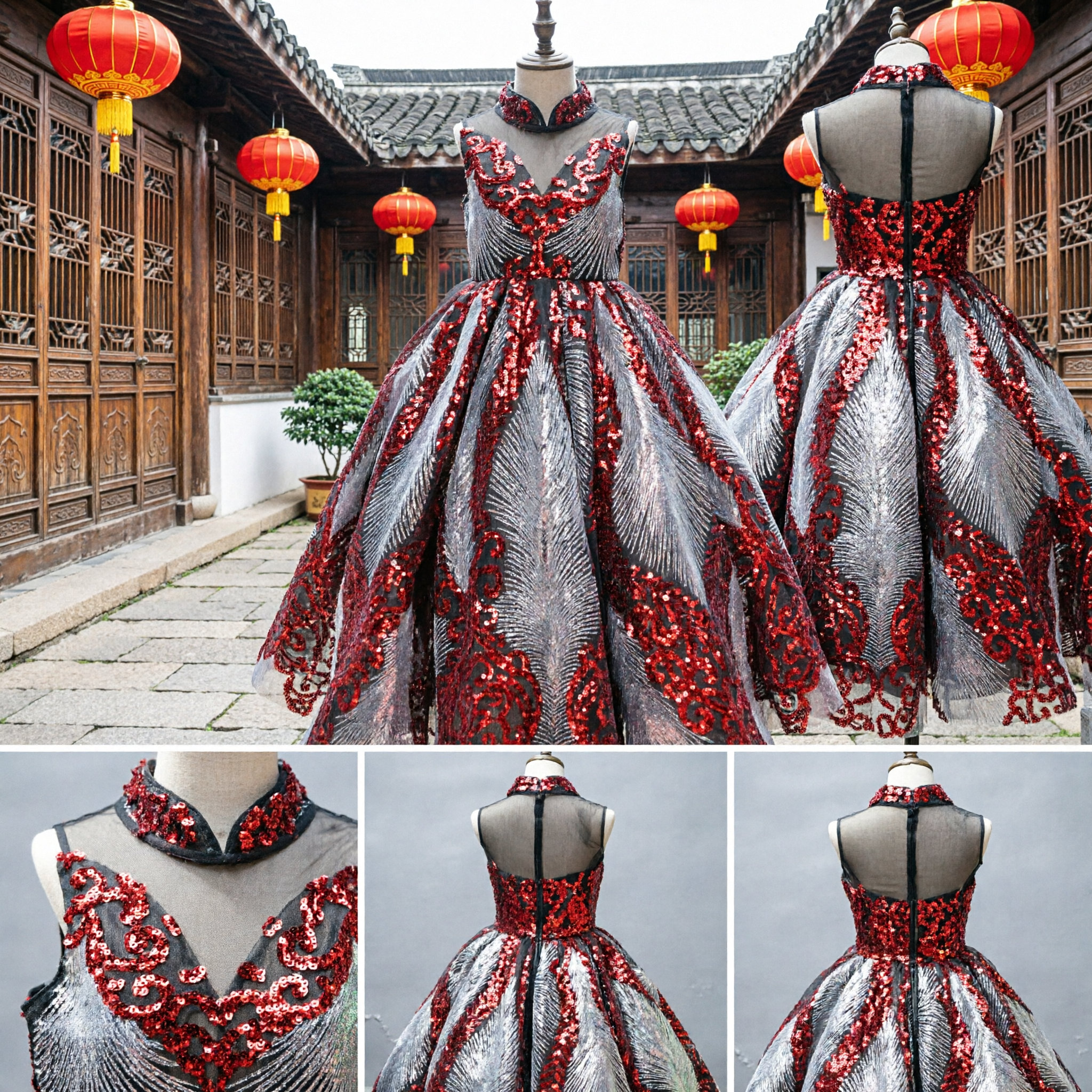 Elegant Kids Girls Red Sequin Floral Ball Gown Formal Dress Chinese Style Wedding Party Performance Costume