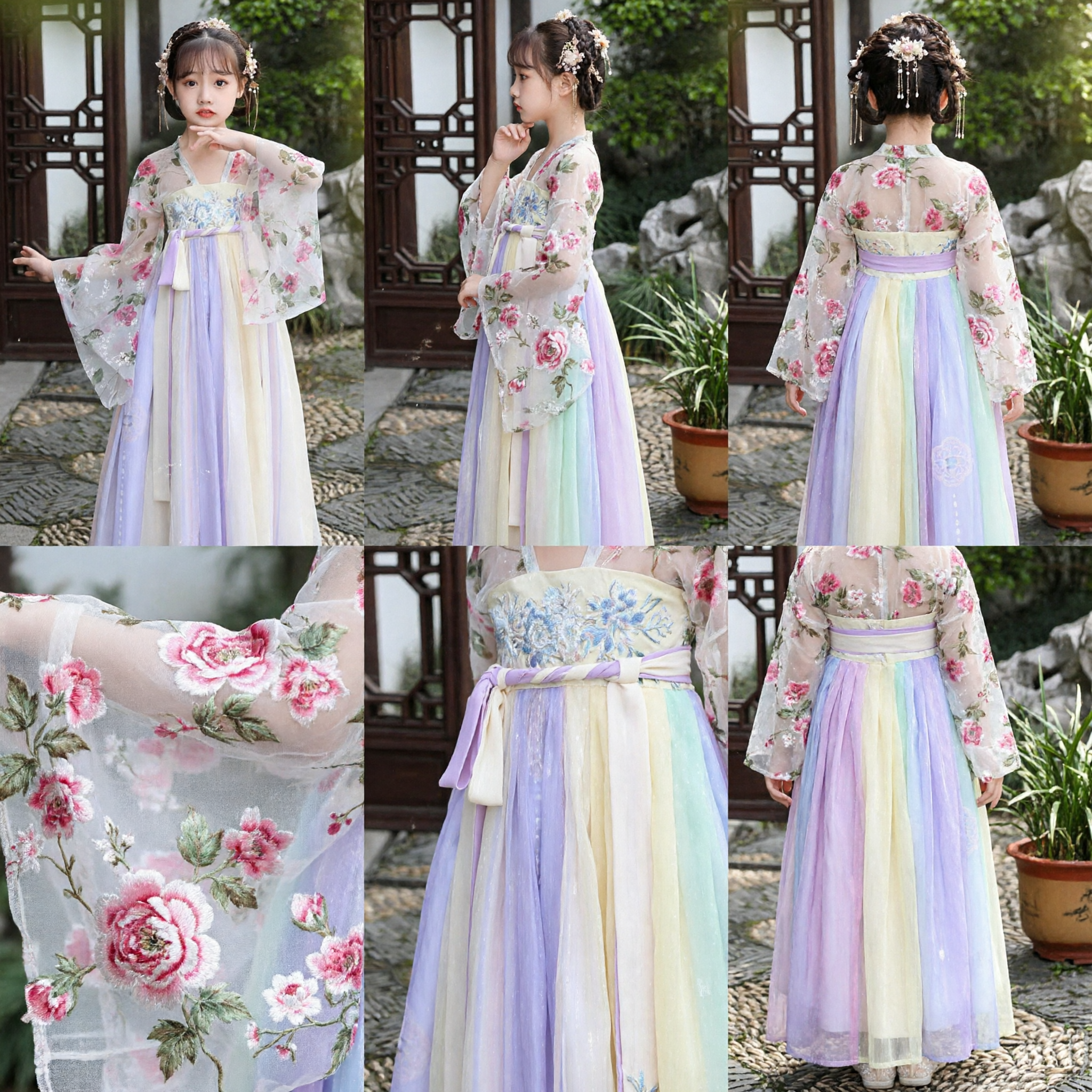 Girls Traditional Chinese Hanfu Dress Floral Embroidered Tang Dynasty Costume for Kids Performance