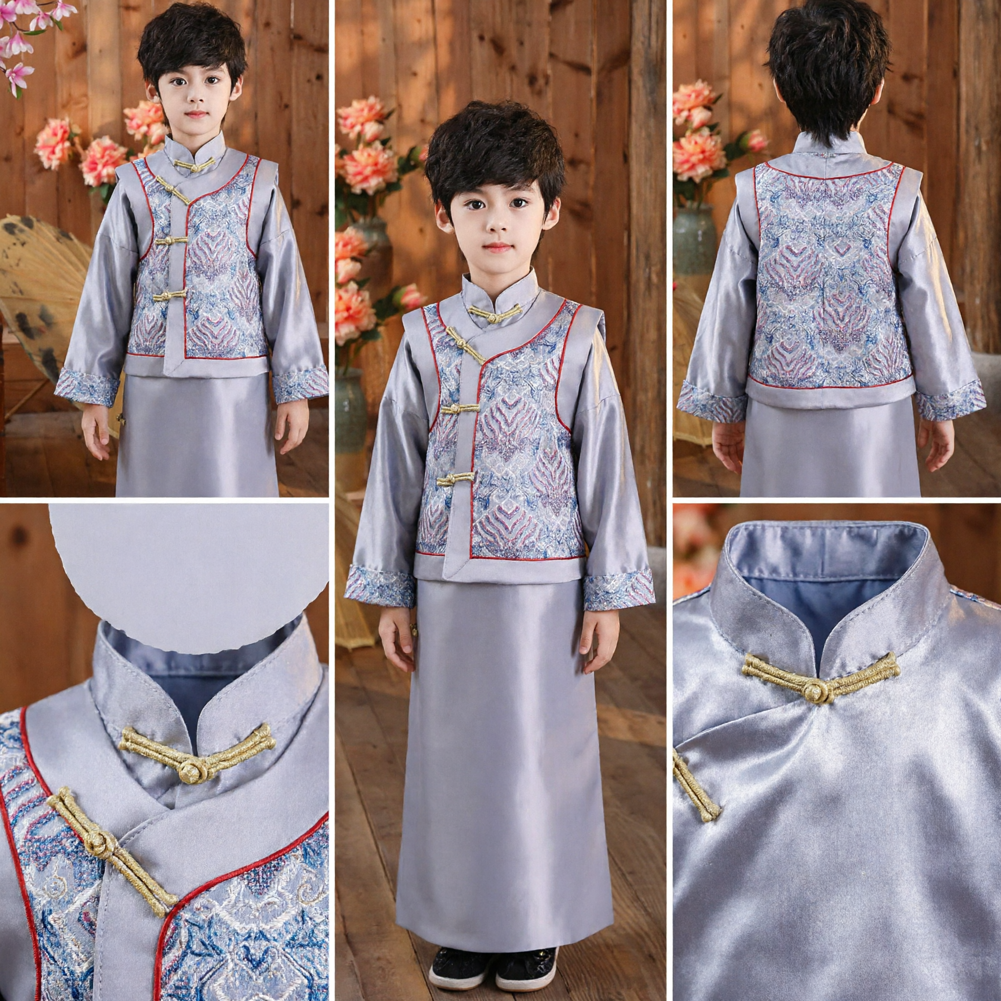 Boys Traditional Chinese Tang Suit Hanfu Costume Silver Grey Vest and Robe Set for Wedding Performance